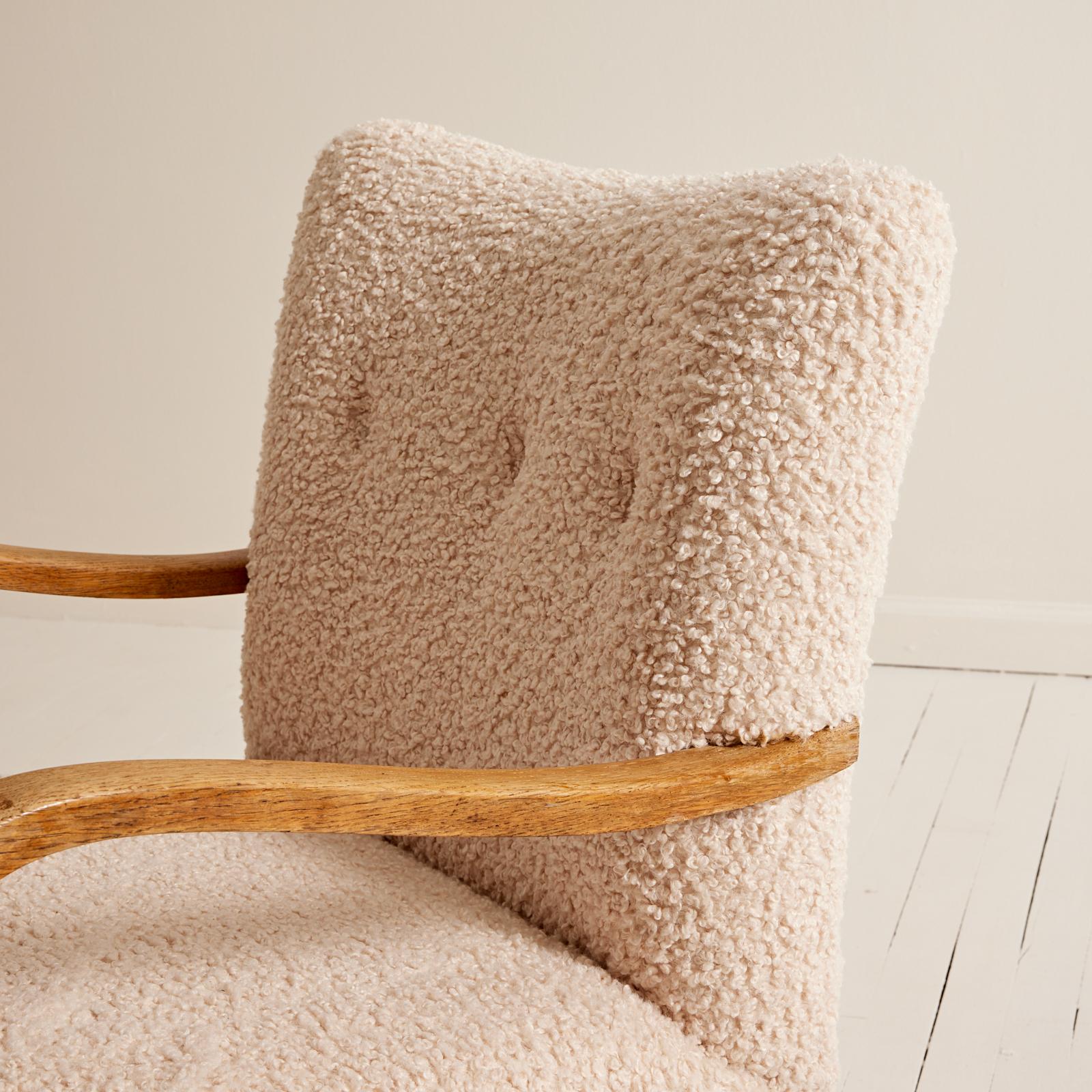 Bouclé Danish 1940's Lounge Chairs With Curved Armrests, Sherpa Boucle Ivory Fabric