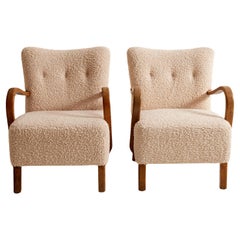 Danish 1940's Lounge Chairs With Curved Armrests, Sherpa Boucle Ivory Fabric