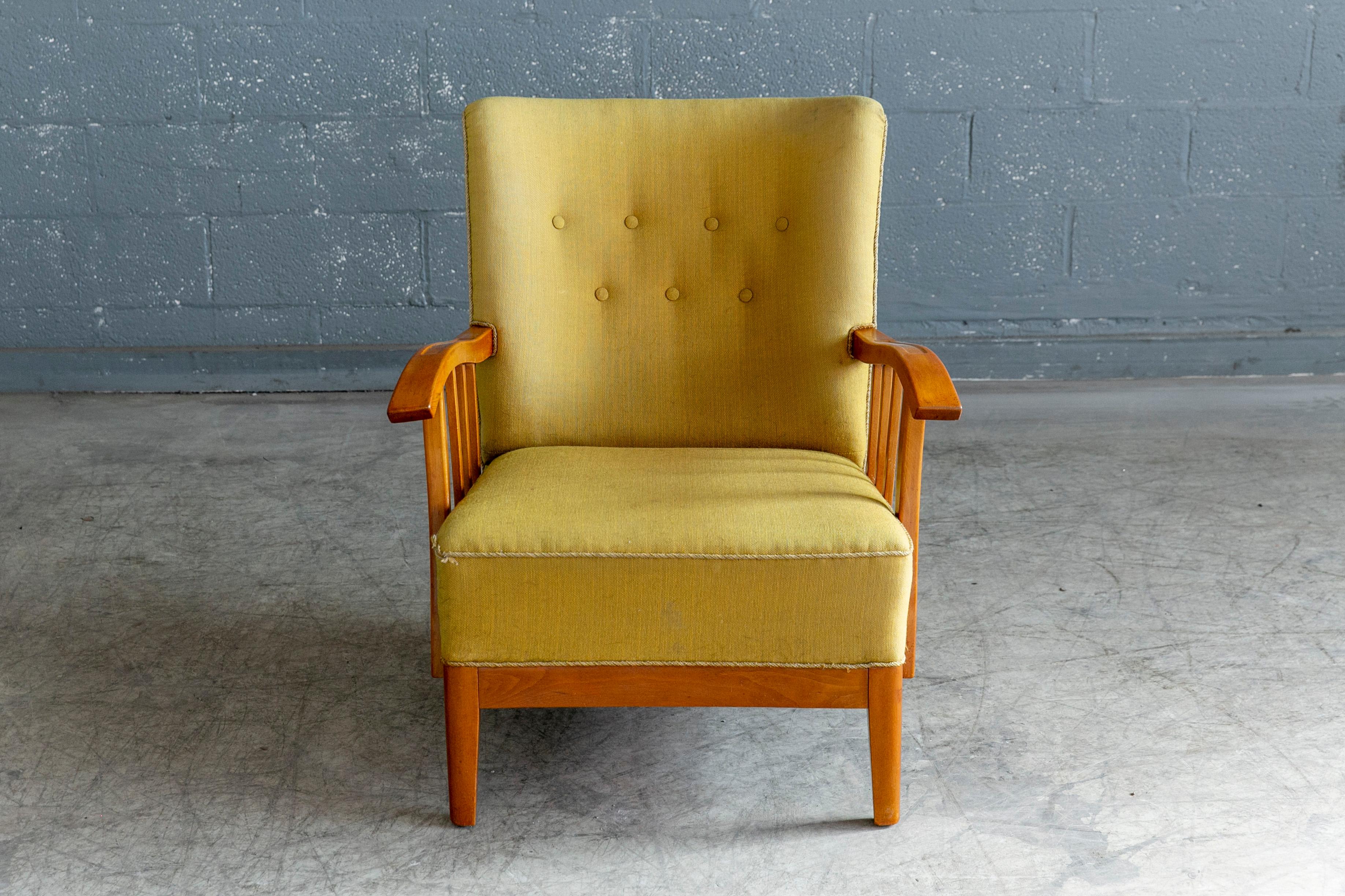 Scandinavian Modern Danish 1940s Lounge Chairs with Elmwood Armrests