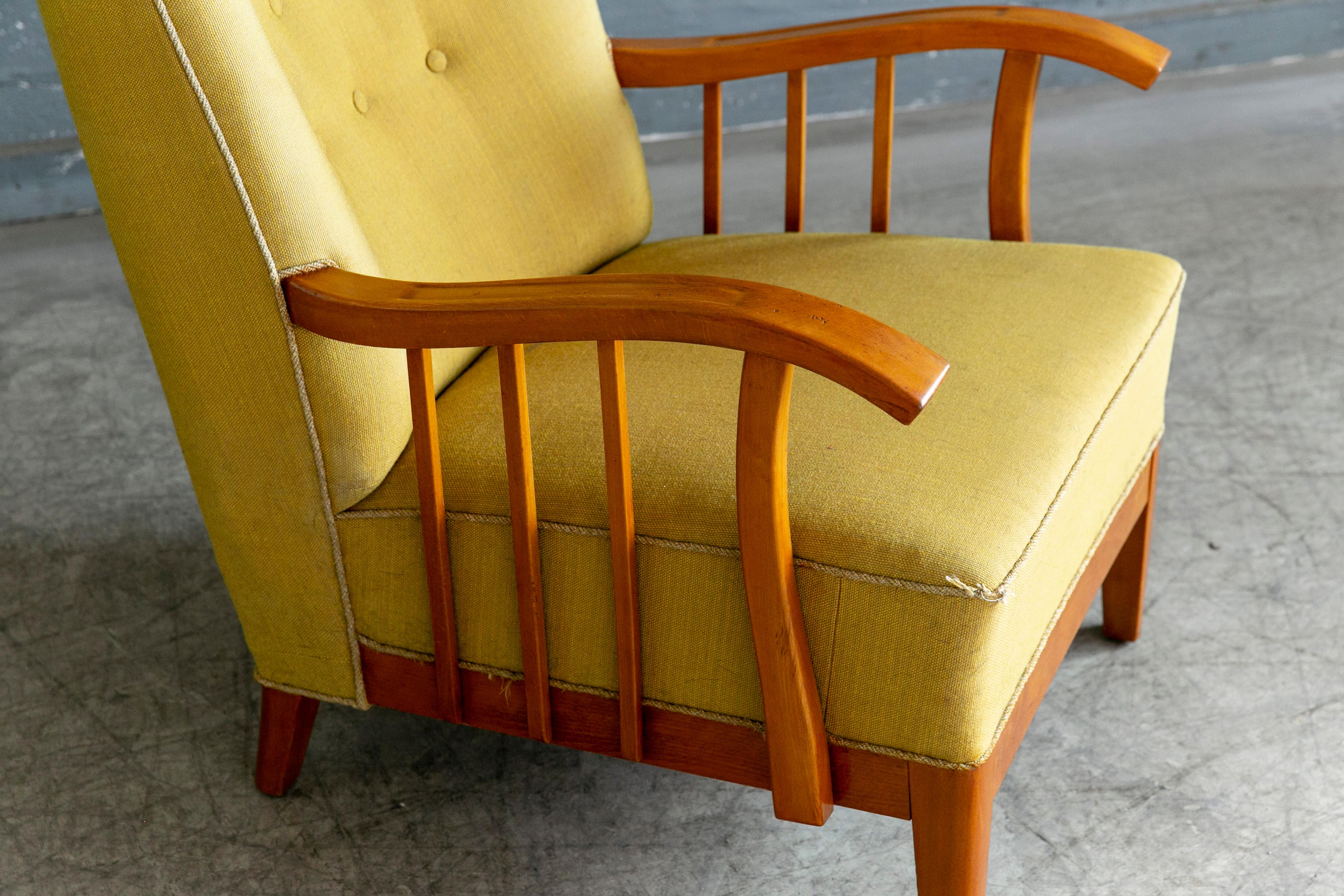 Wool Danish 1940s Lounge Chairs with Elmwood Armrests For Sale