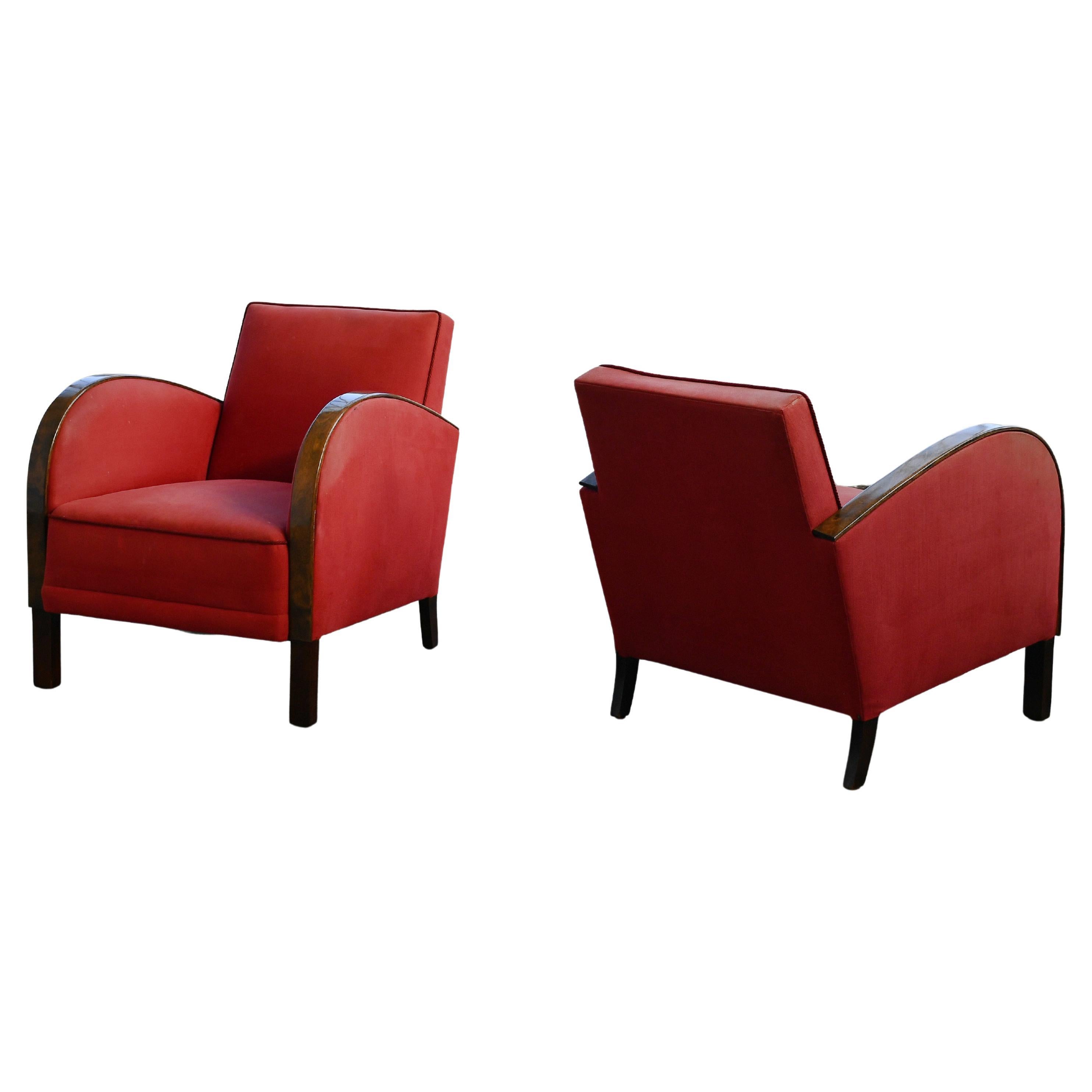 Danish 1940s Lounge Late Art Deco to Midcentury Chairs with Wood on Armrests