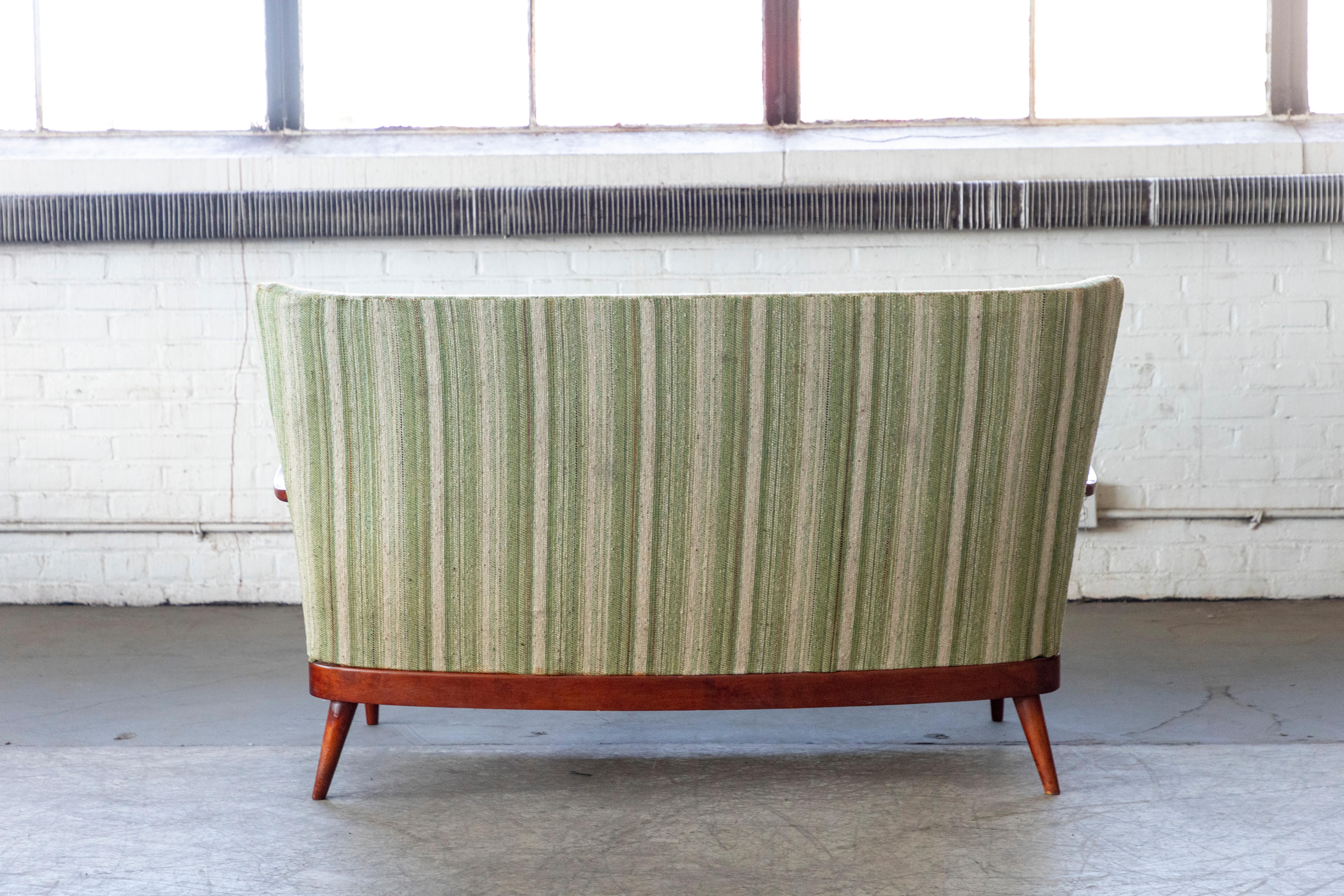 Danish 1940's Loveseat with Open Wooden Armrest and Green Striped Wool For Sale 5