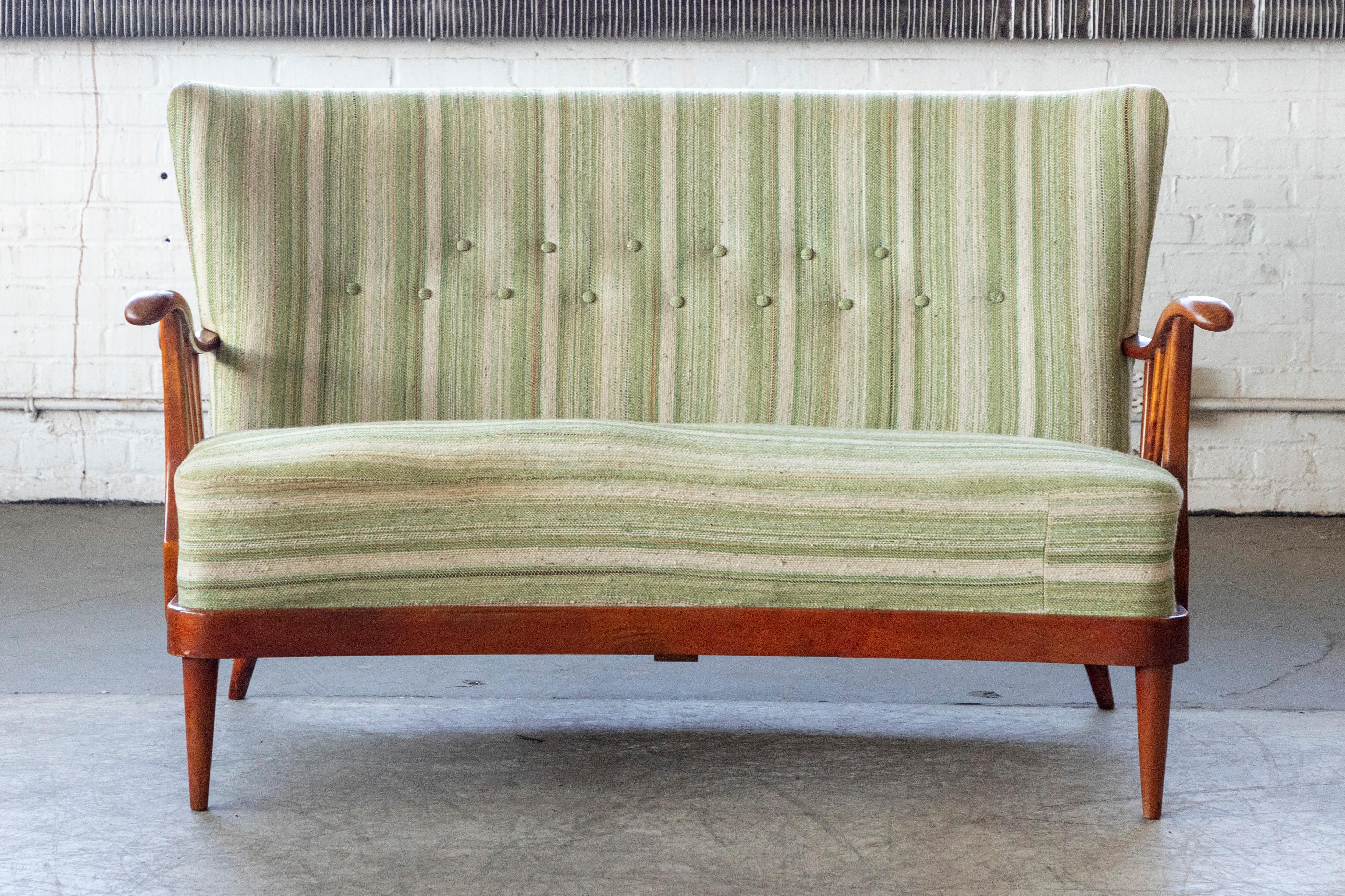 Mid-Century Modern Danish 1940's Loveseat with Open Wooden Armrest and Green Striped Wool For Sale