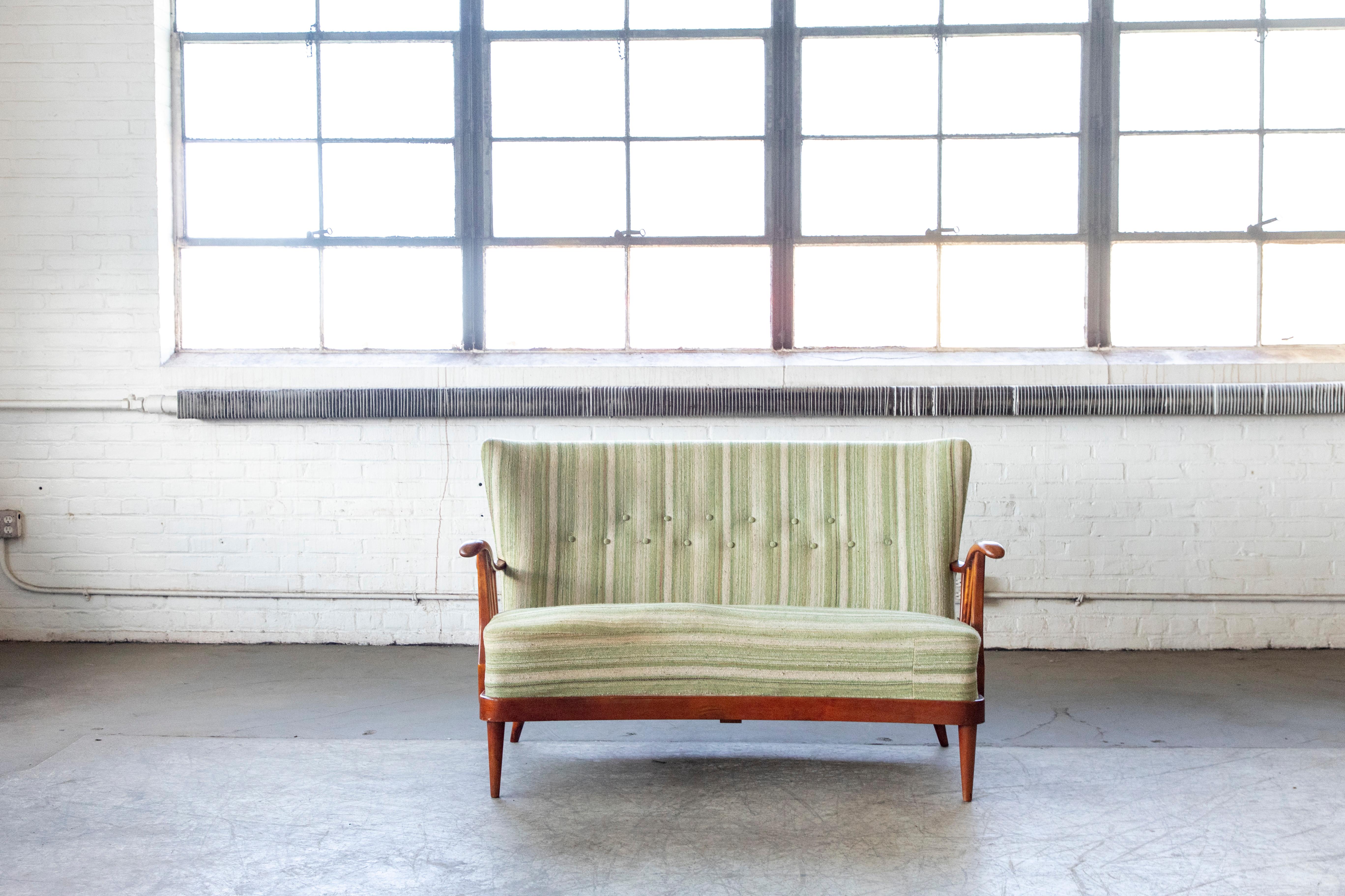 Danish 1940's Loveseat with Open Wooden Armrest and Green Striped Wool In Good Condition For Sale In Bridgeport, CT
