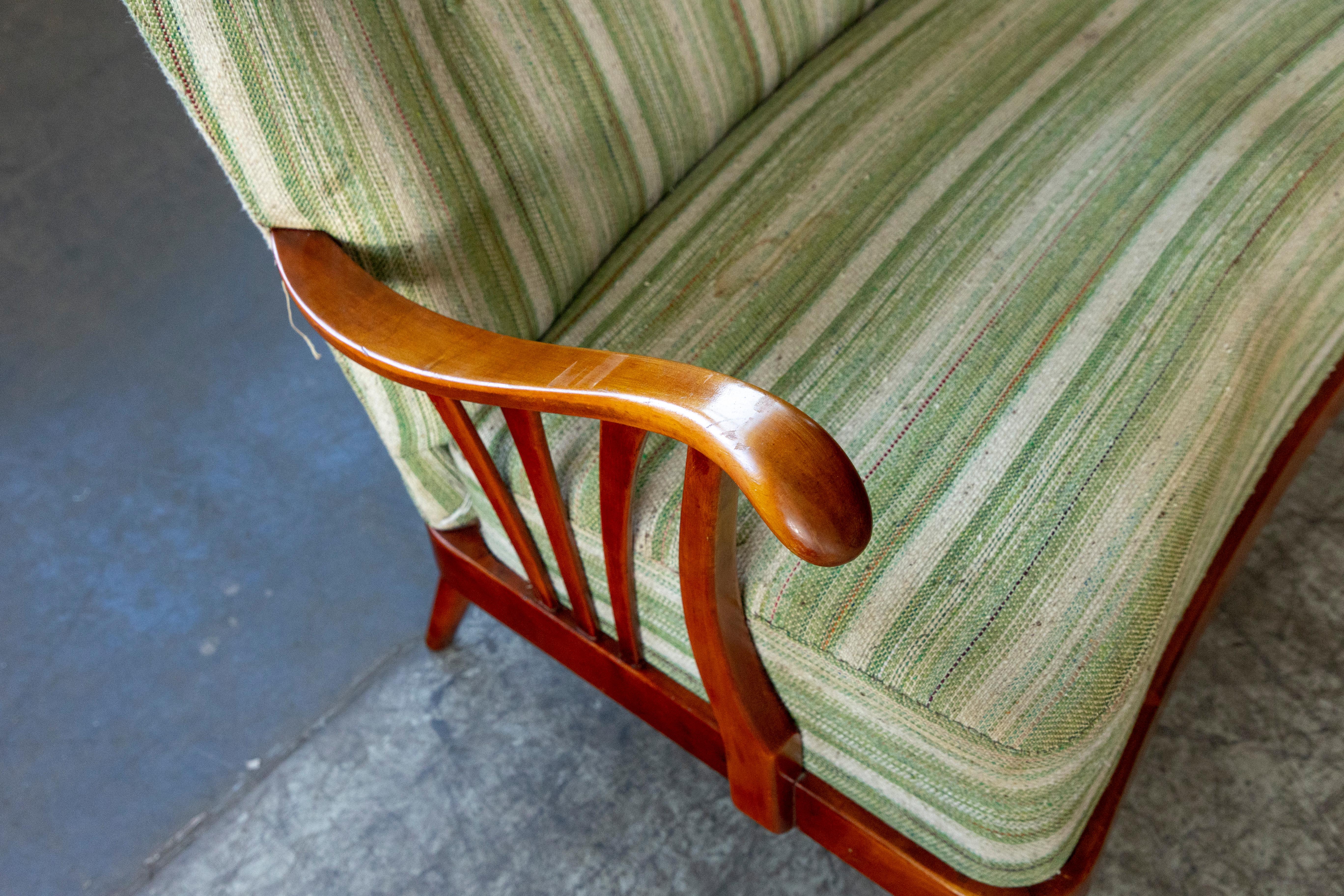 Mid-20th Century Danish 1940's Loveseat with Open Wooden Armrest and Green Striped Wool For Sale