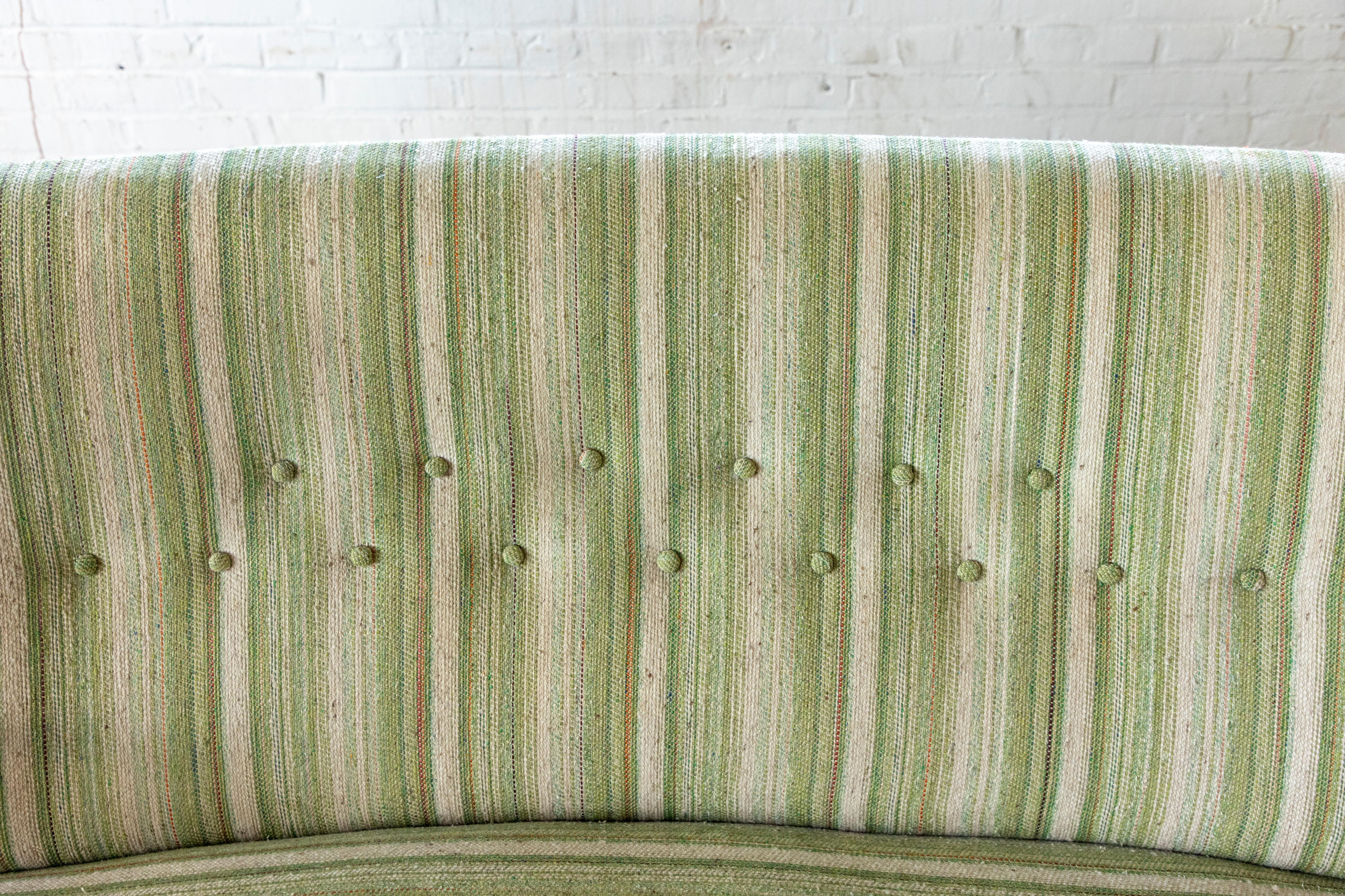 Danish 1940's Loveseat with Open Wooden Armrest and Green Striped Wool For Sale 1
