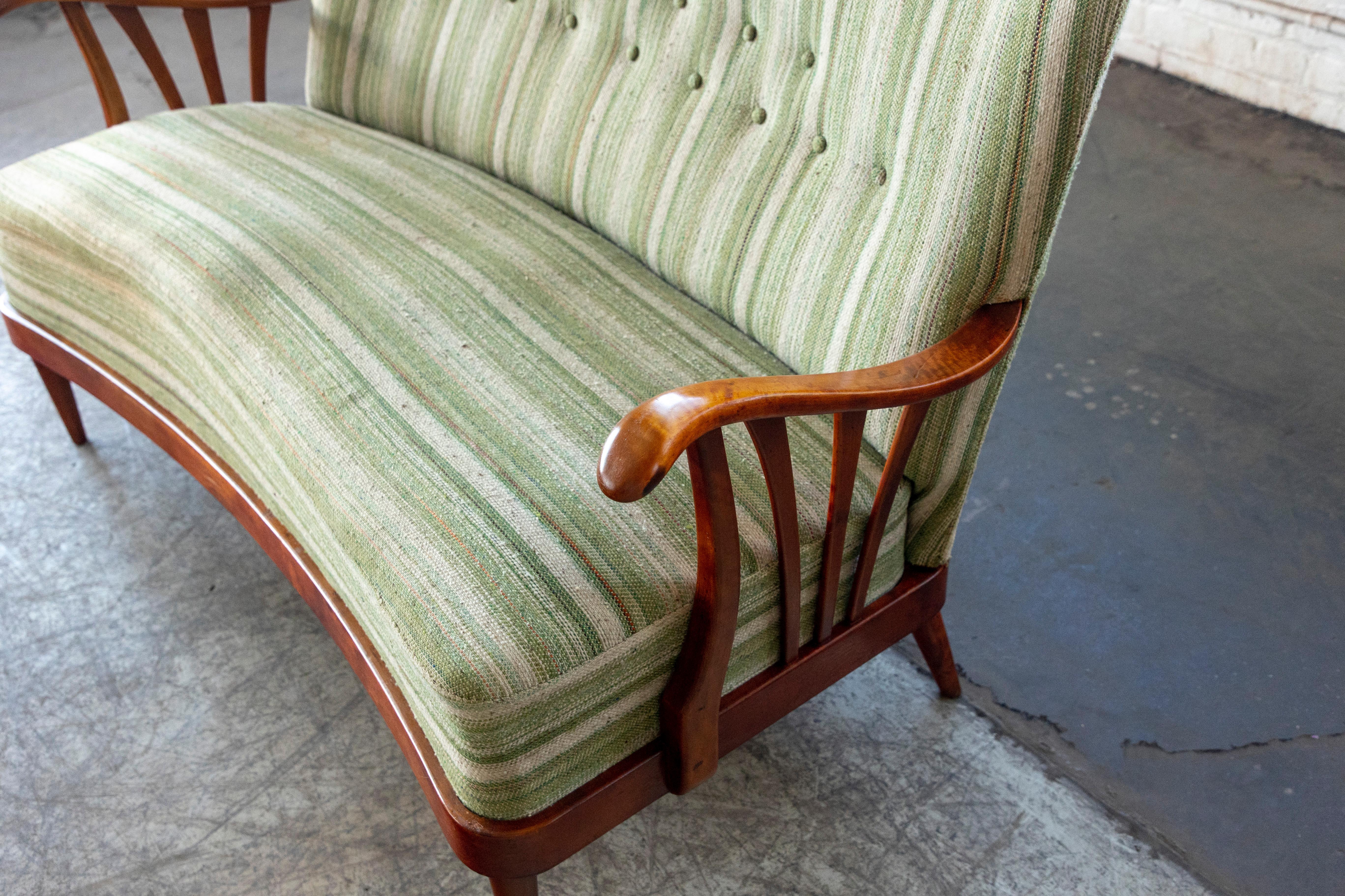 Danish 1940's Loveseat with Open Wooden Armrest and Green Striped Wool For Sale 2