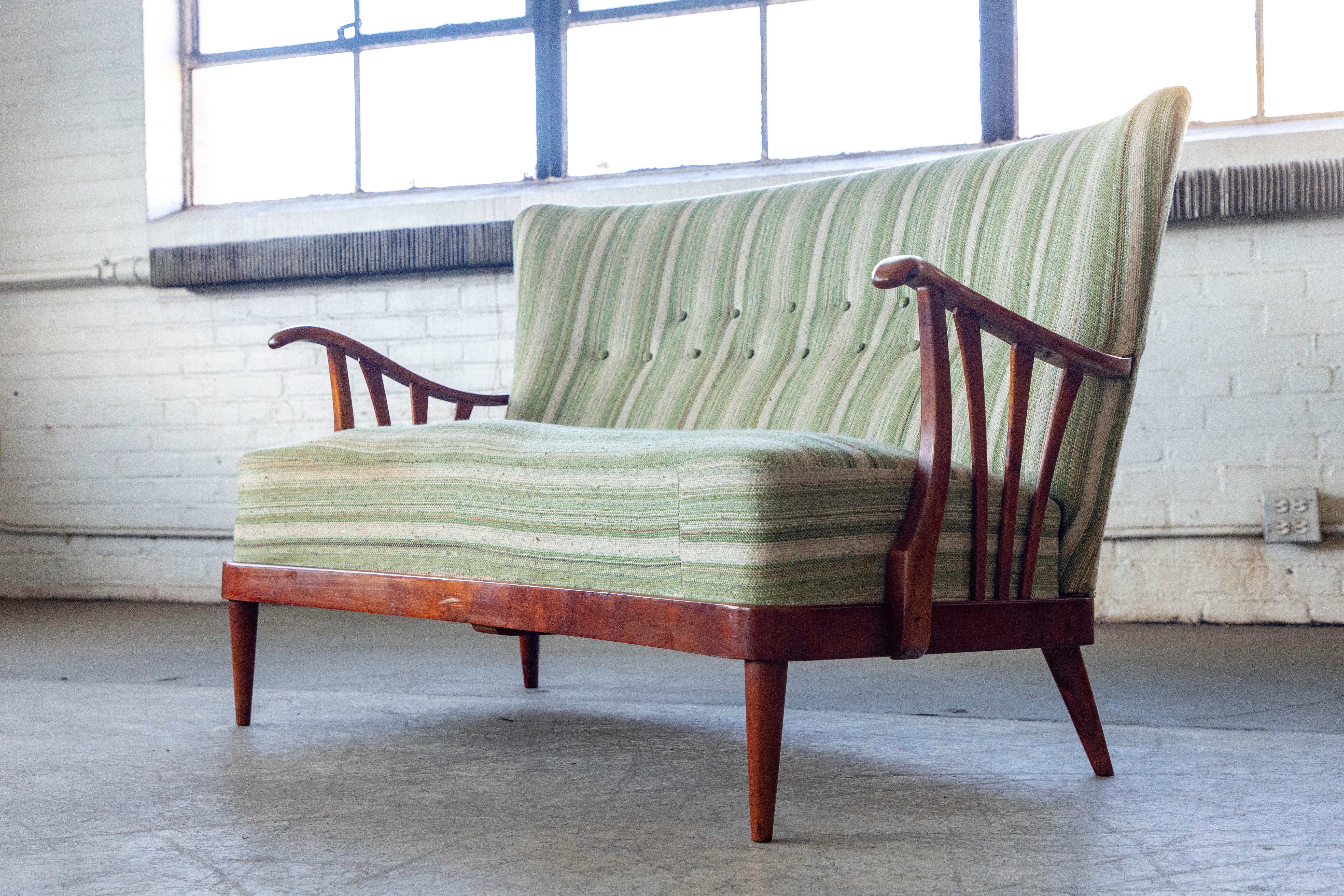 Danish 1940's Loveseat with Open Wooden Armrest and Green Striped Wool For Sale 4