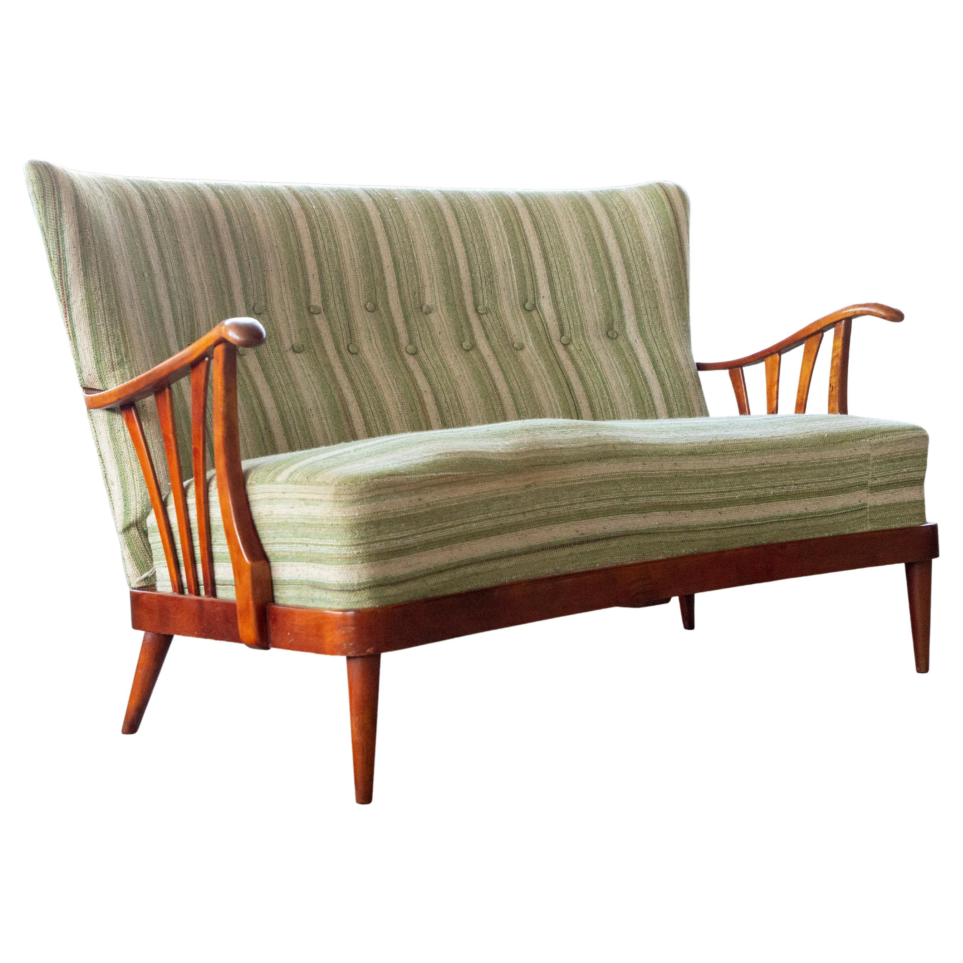 Danish 1940's Loveseat with Open Wooden Armrest and Green Striped Wool For Sale