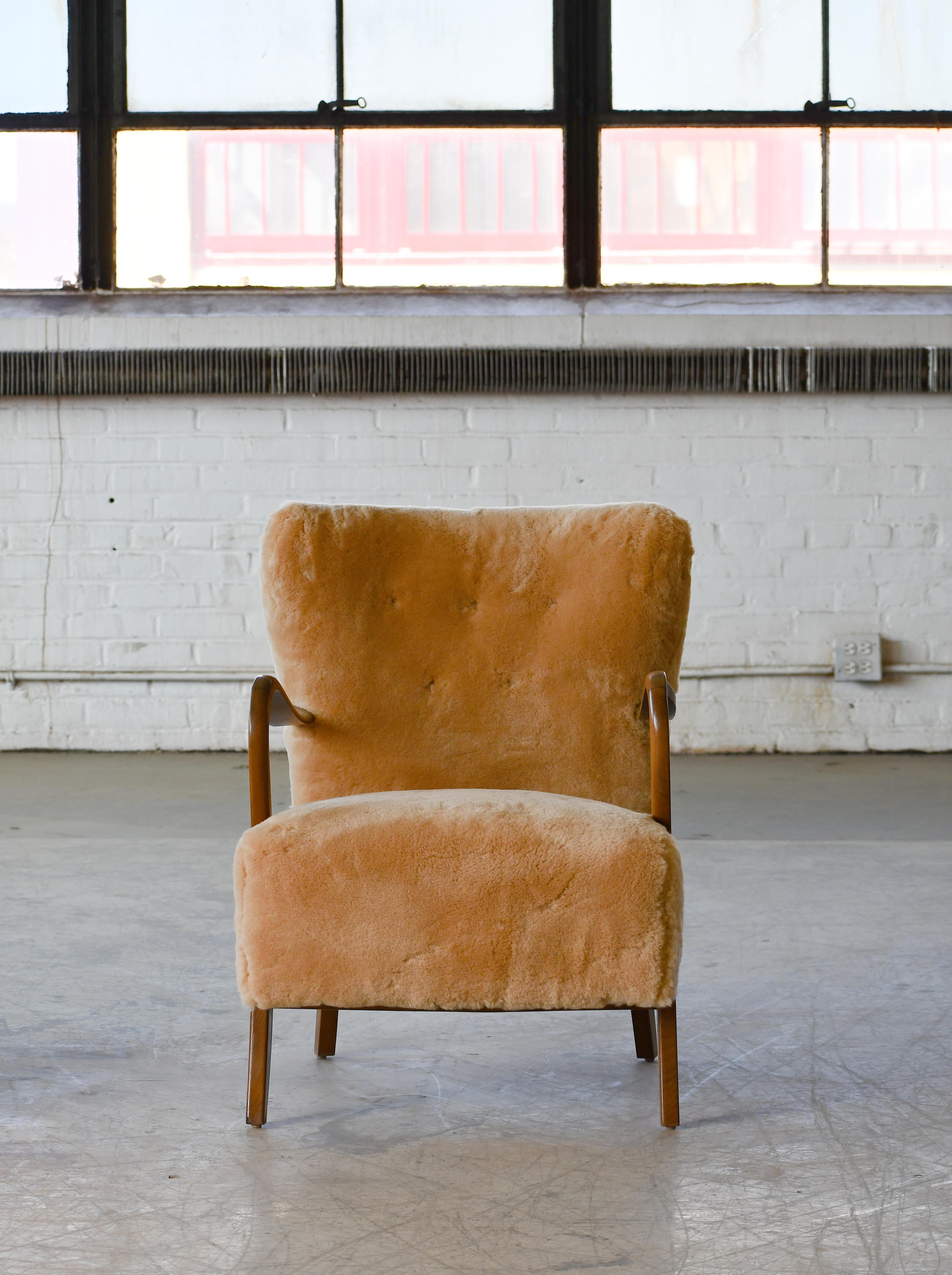 Scandinavian Modern Danish 1940s Low Back Easy Chairs in Amber Shearling with Open Armrests