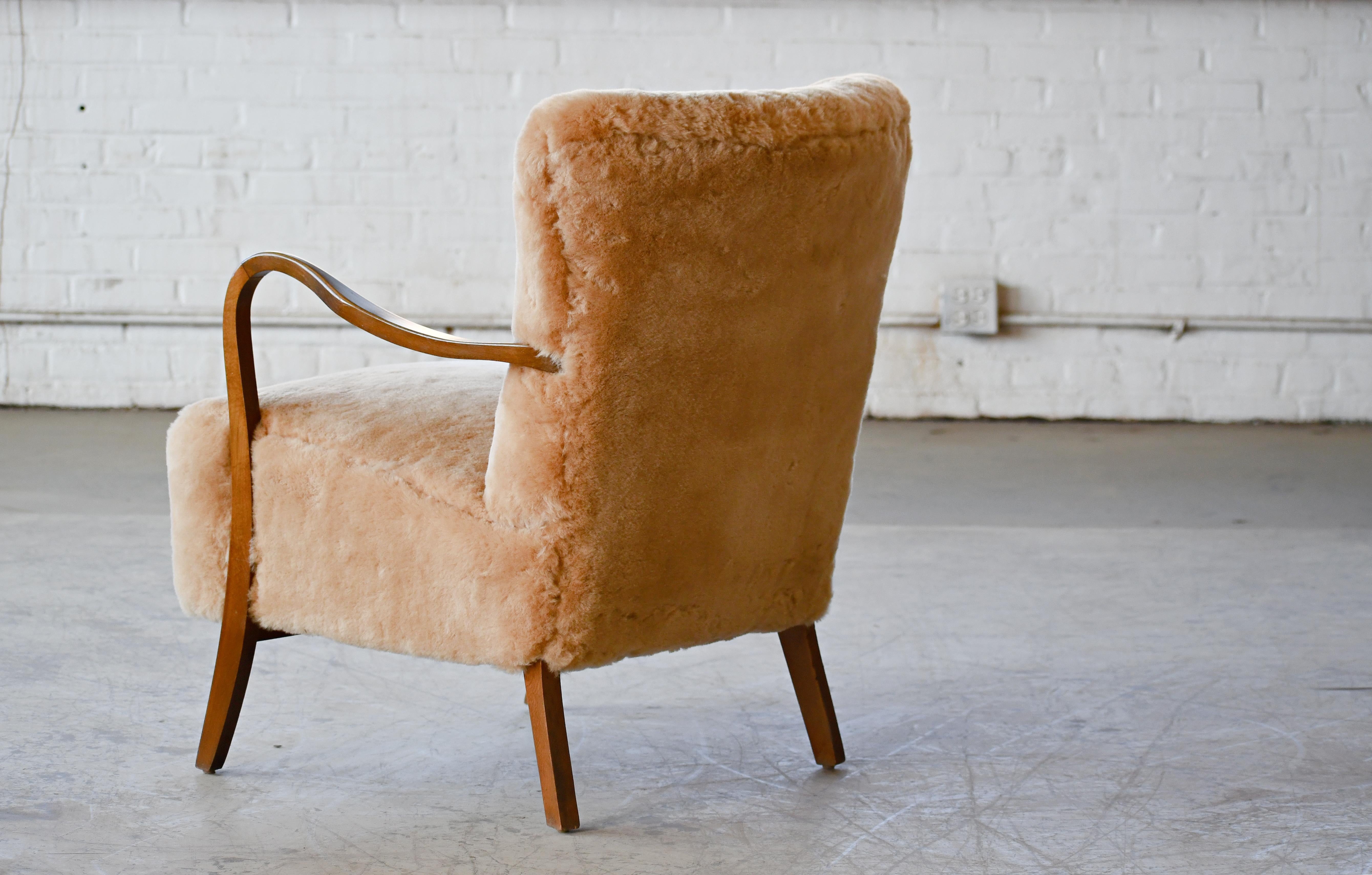 Danish 1940s Low Back Easy Chairs in Amber Shearling with Open Armrests In Good Condition In Bridgeport, CT