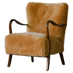 Danish 1940s Low Back Easy Chairs in Amber Shearling with Open Armrests