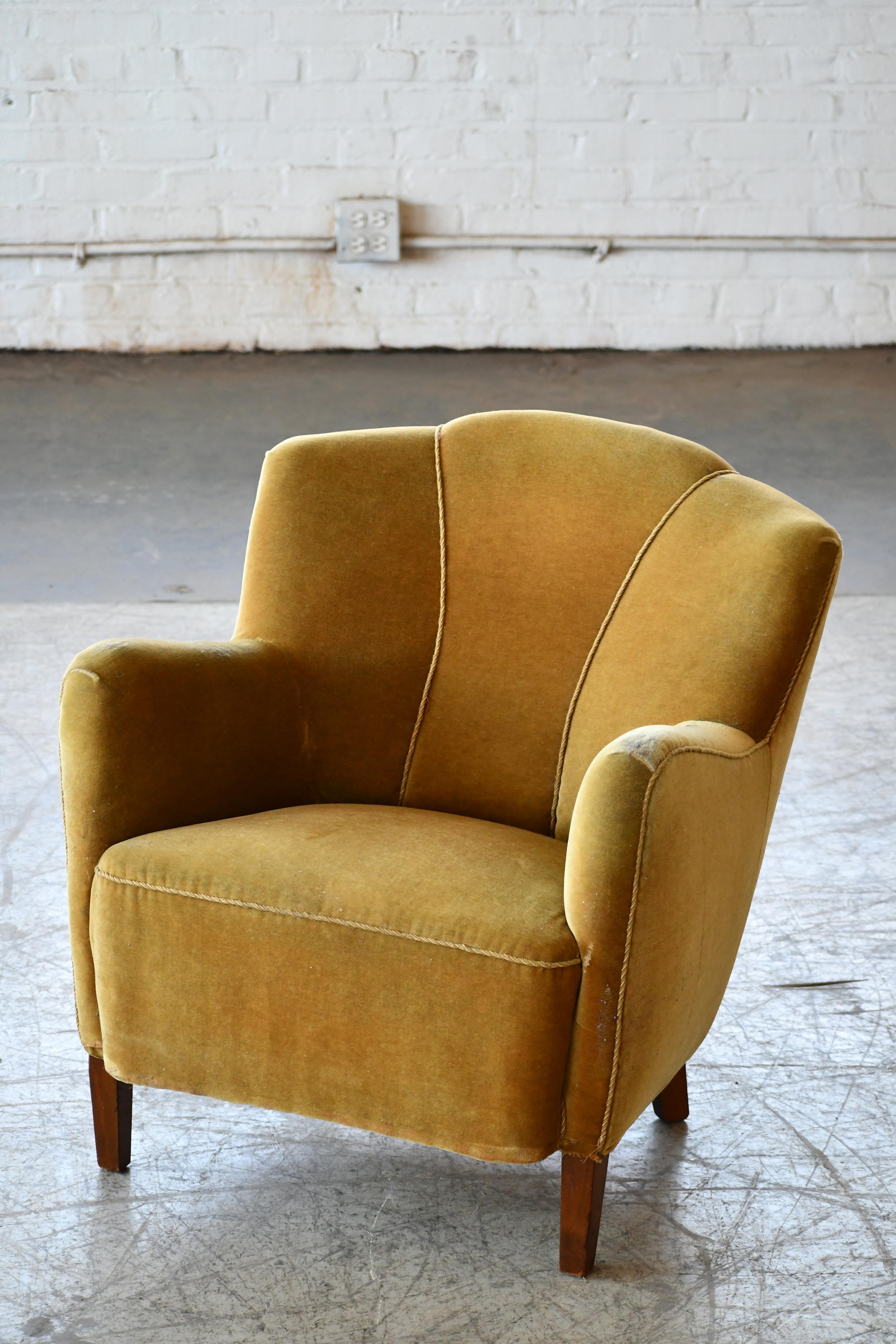 Mid-Century Modern Danish 1940s Low Easy Chair in Yellow Mohair