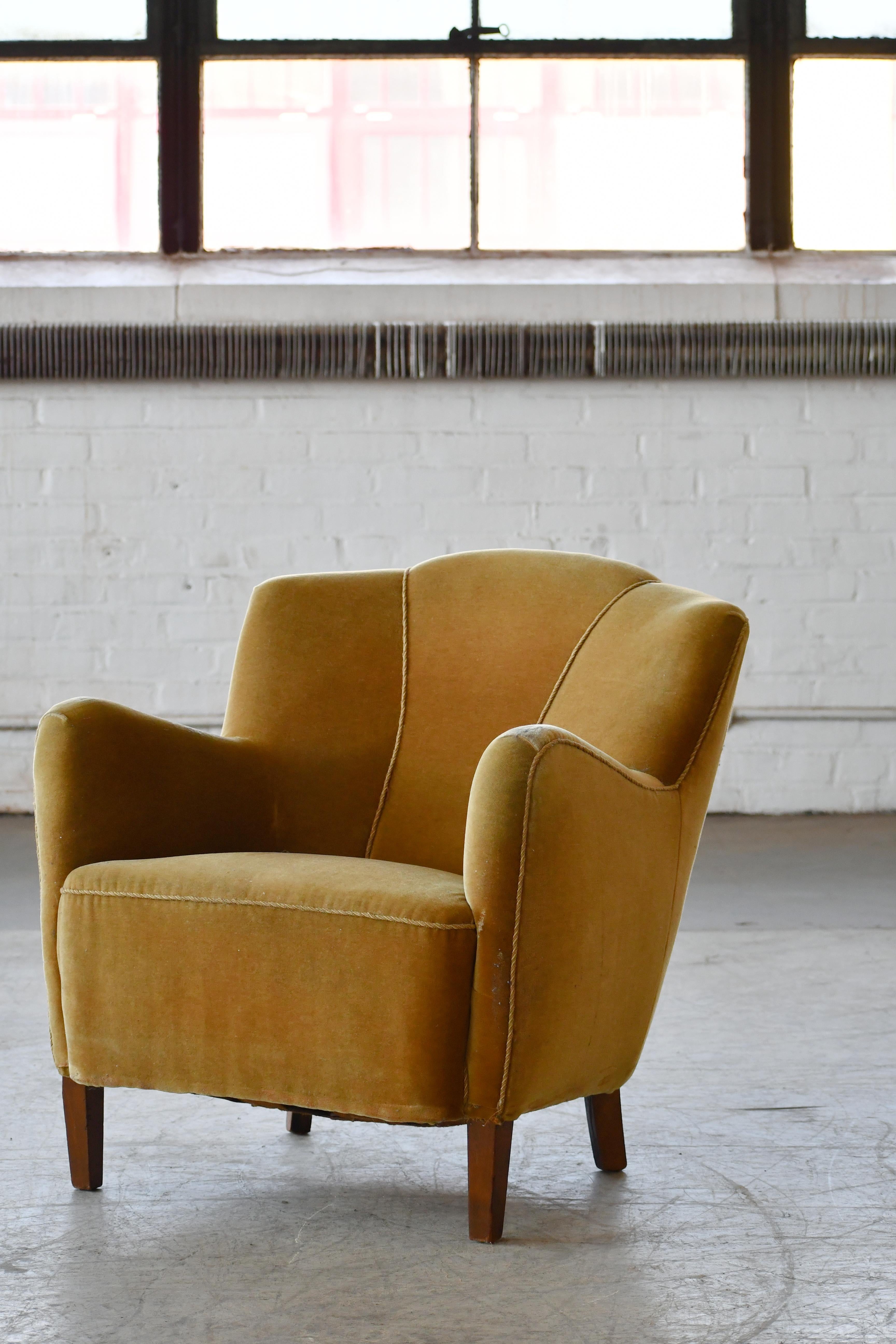 Mid-20th Century Danish 1940s Low Easy Chair in Yellow Mohair