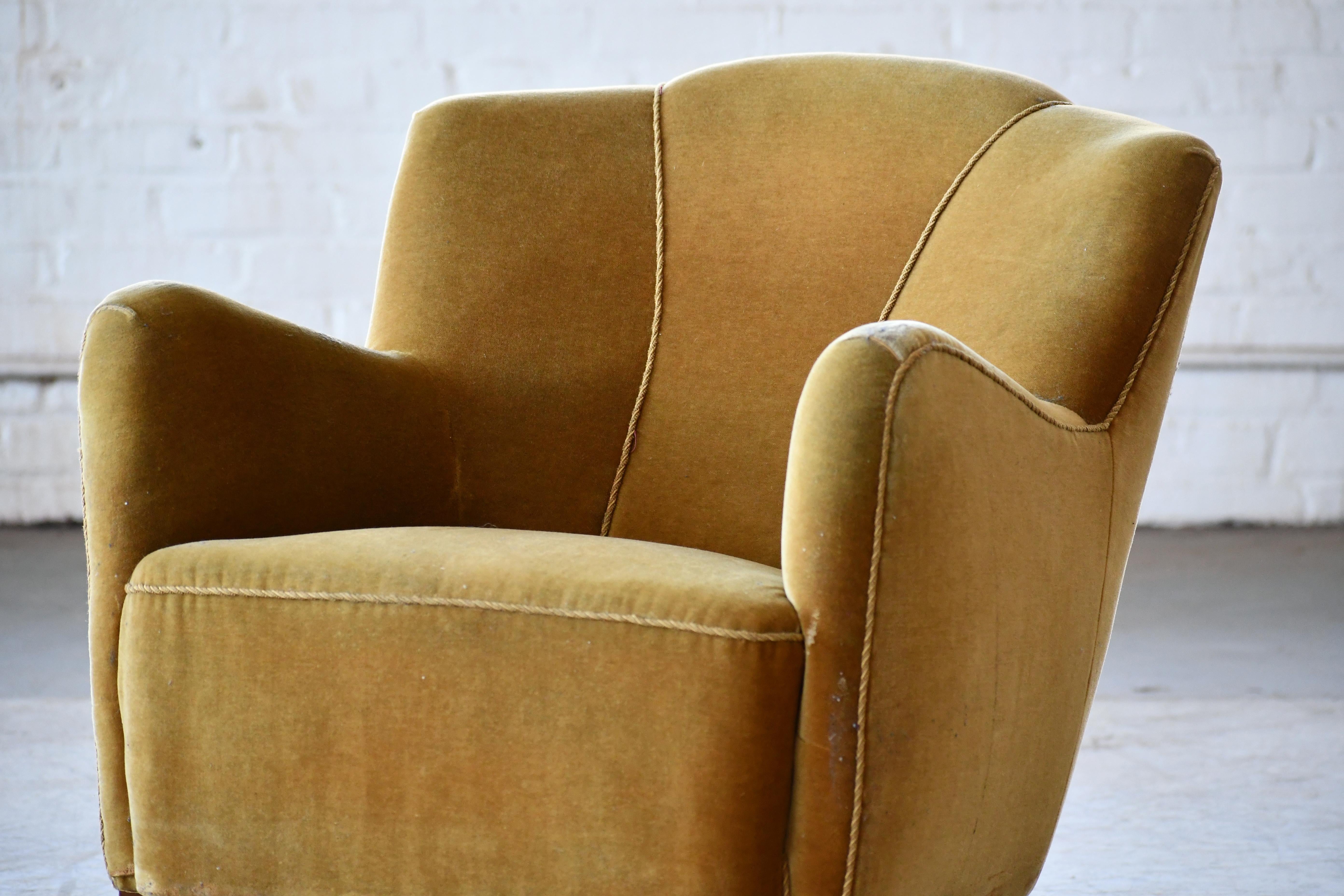 Danish 1940s Low Easy Chair in Yellow Mohair 1