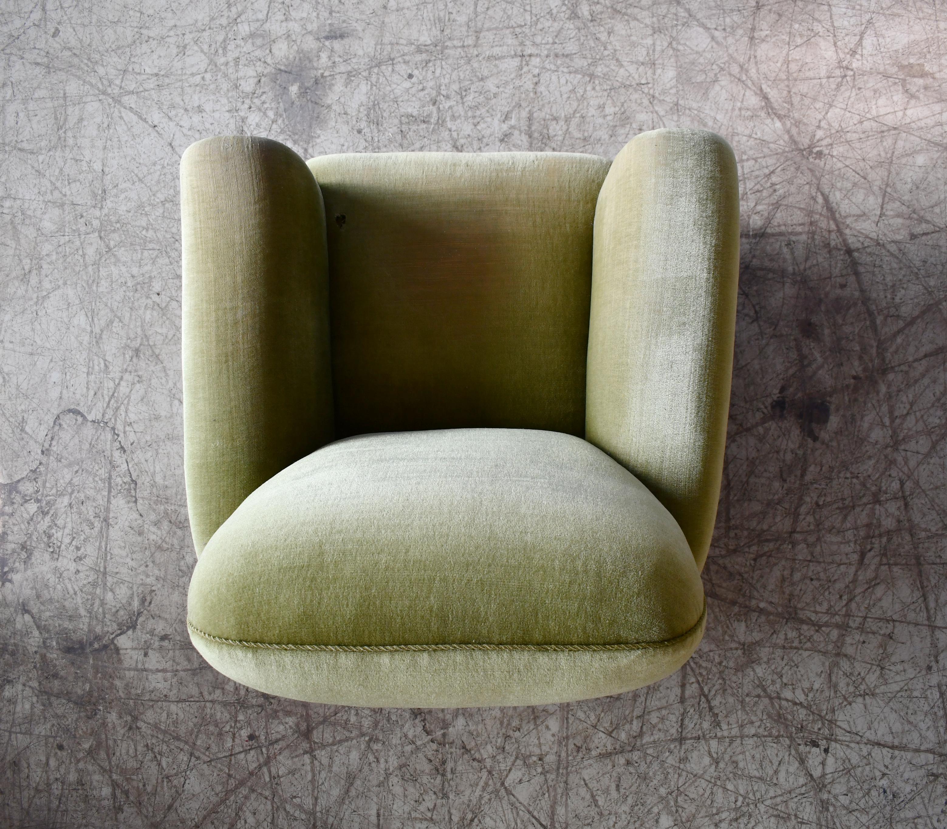 Danish 1940's Low Large Scale Club Chair in Green Mohair 4