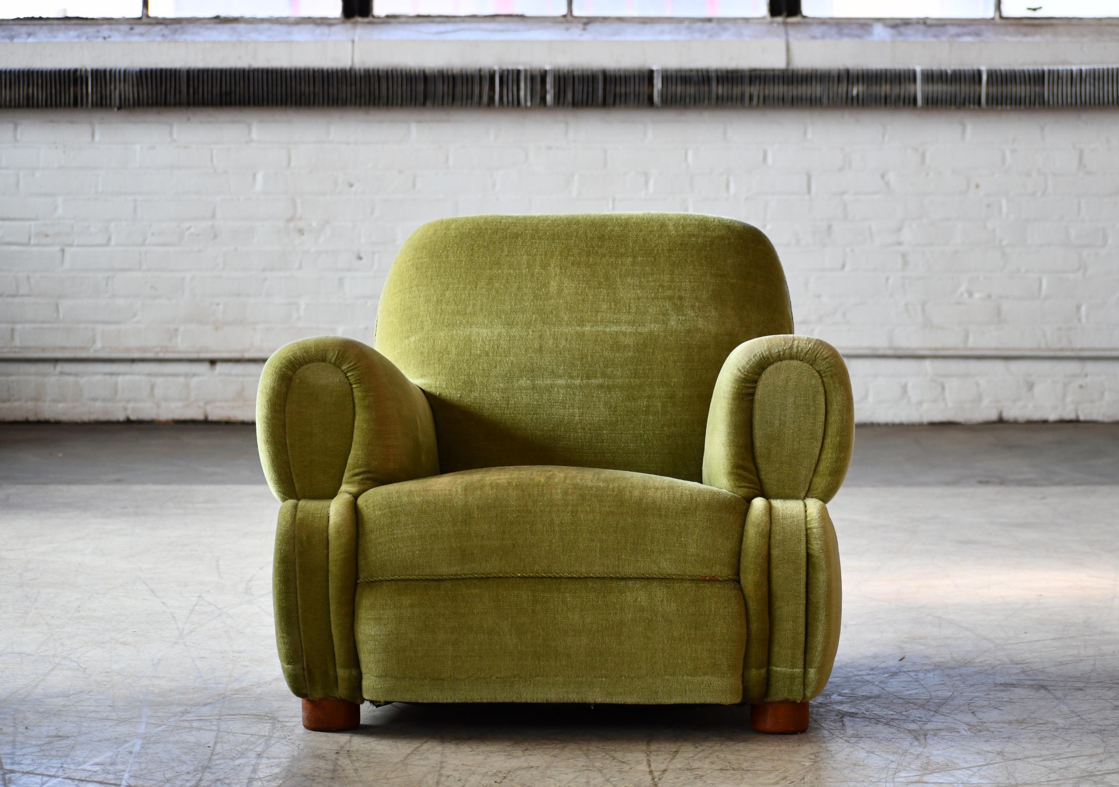 Mid-Century Modern Danish 1940's Low Large Scale Club Chair in Green Mohair