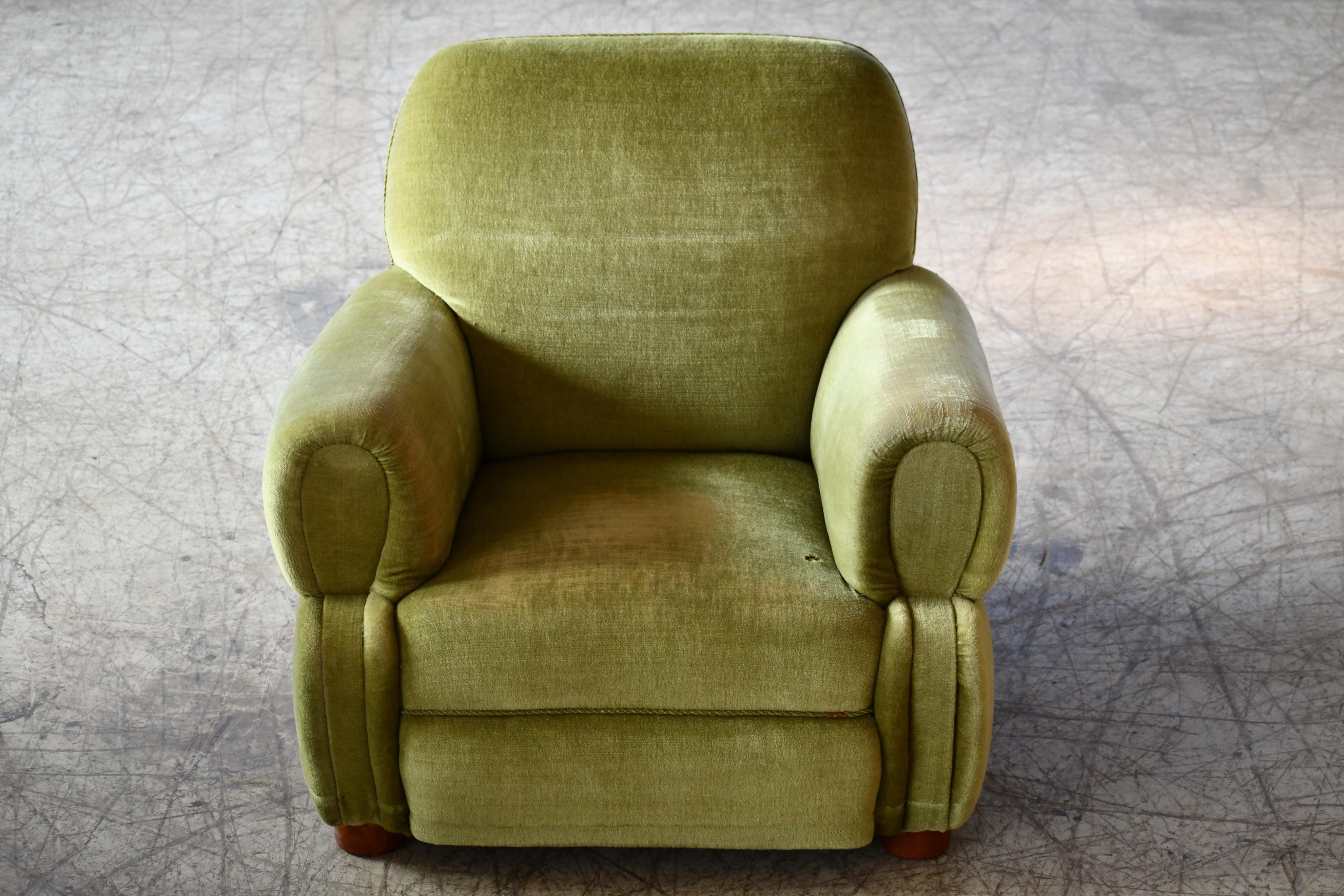 Danish 1940's Low Large Scale Club Chair in Green Mohair In Good Condition In Bridgeport, CT