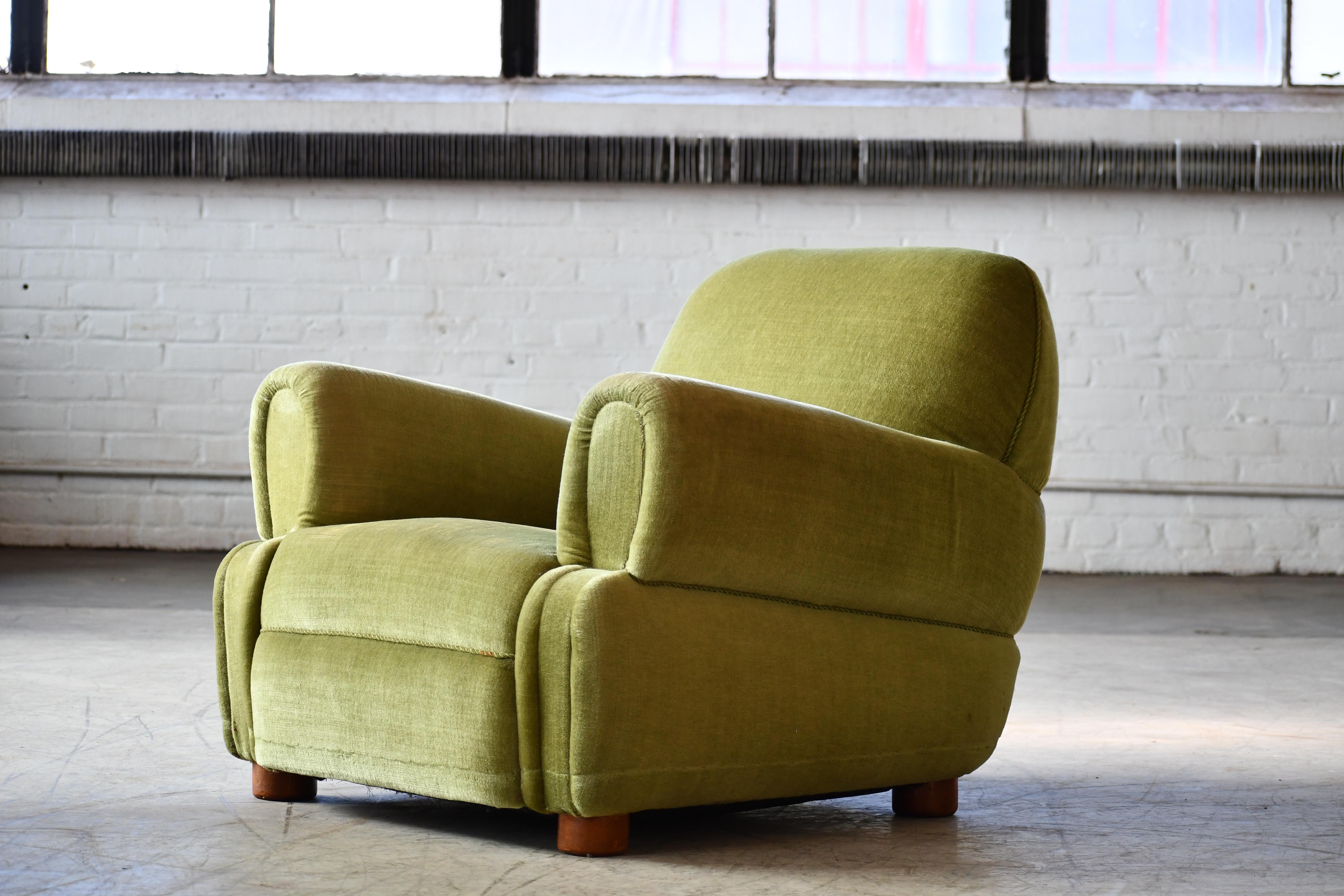 Mid-20th Century Danish 1940's Low Large Scale Club Chair in Green Mohair