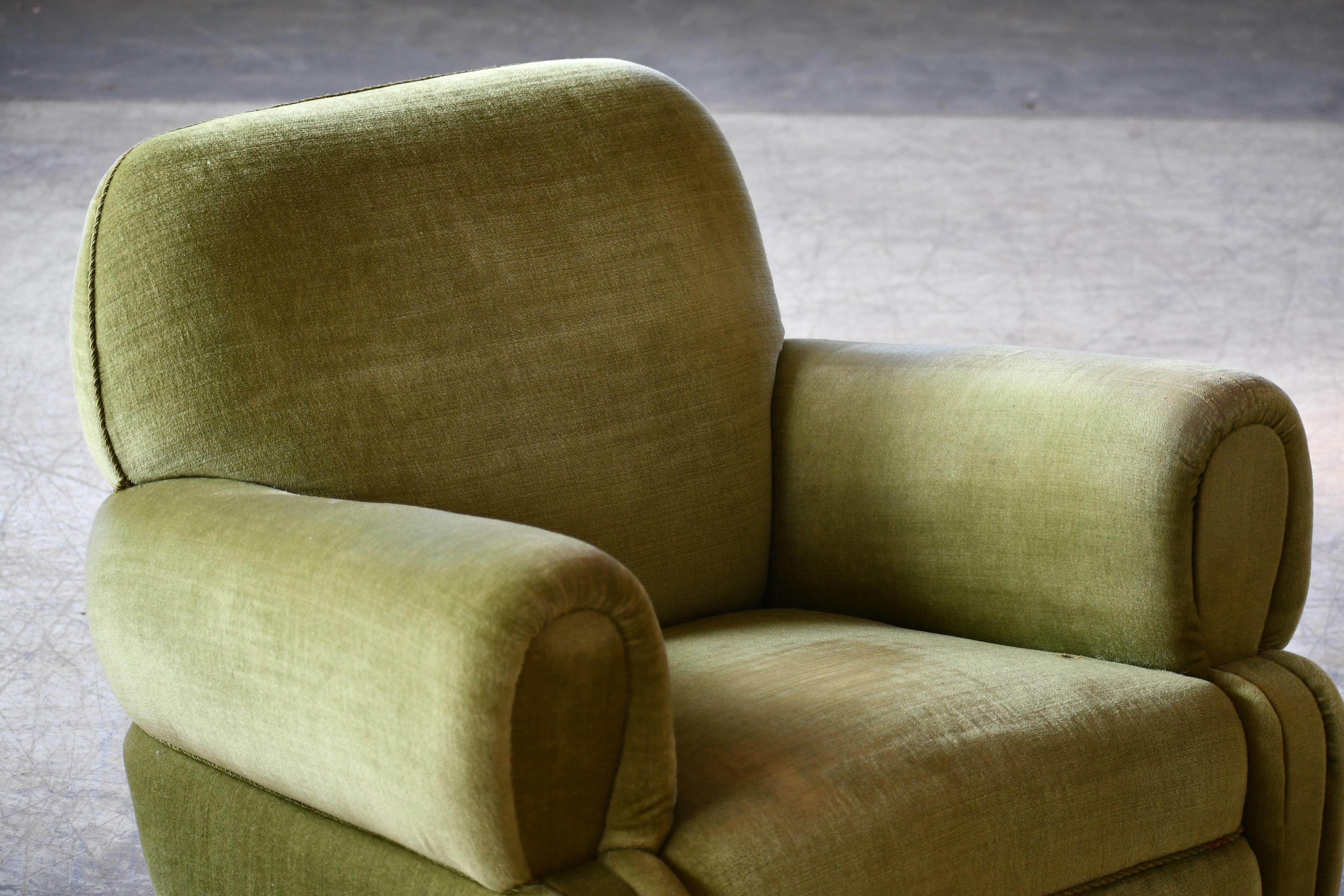 Danish 1940's Low Large Scale Club Chair in Green Mohair 1
