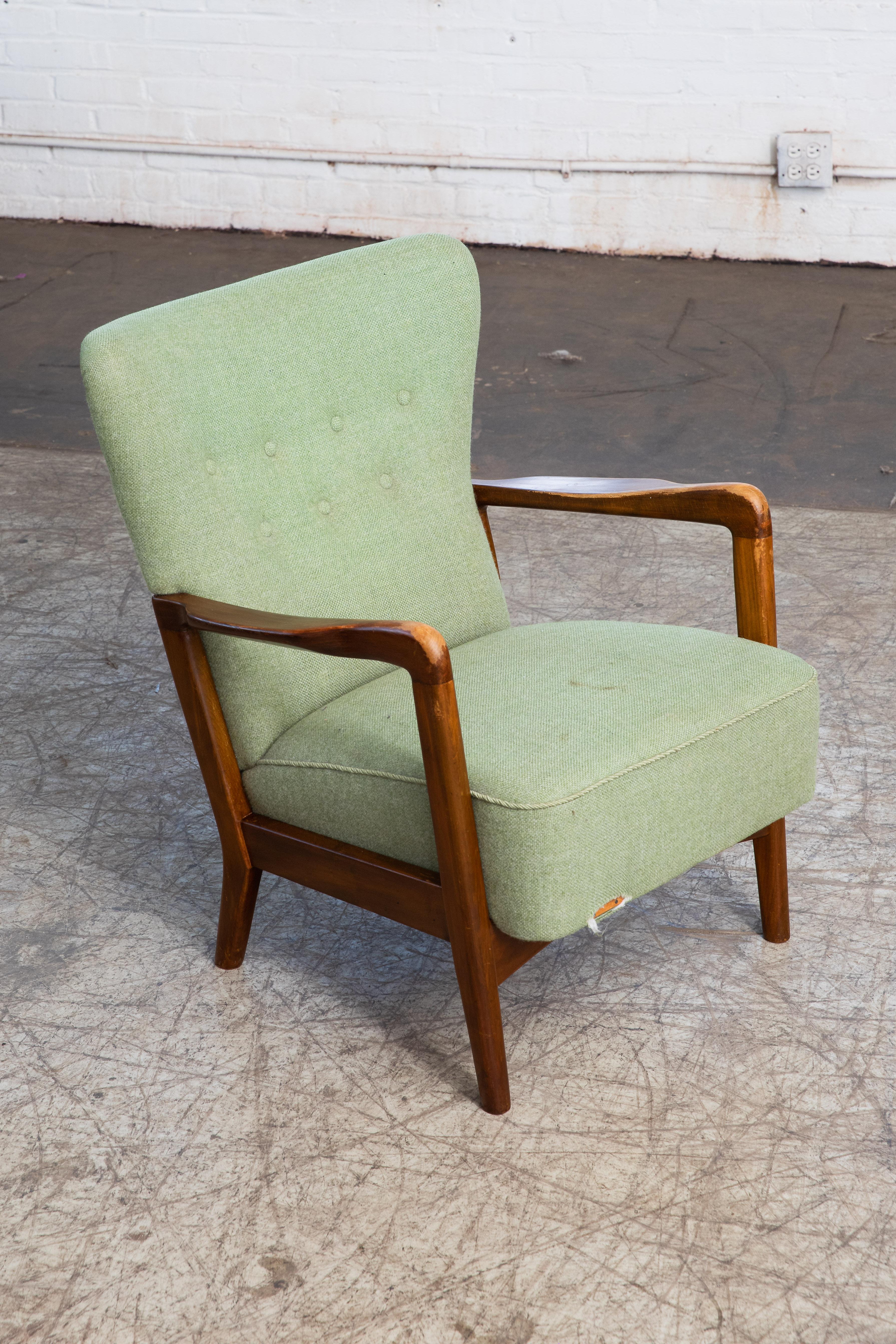 Wool Danish 1940s Lowback Open Armrest Lounge Chair by Soren Hansen for Fritz Hansen