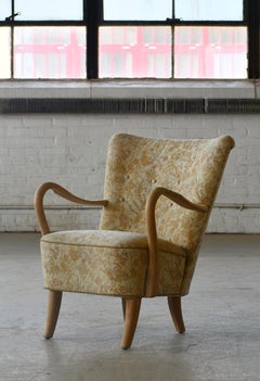 Danish 1940s Medium Height Back Easy Chair in Oak Open Armrests