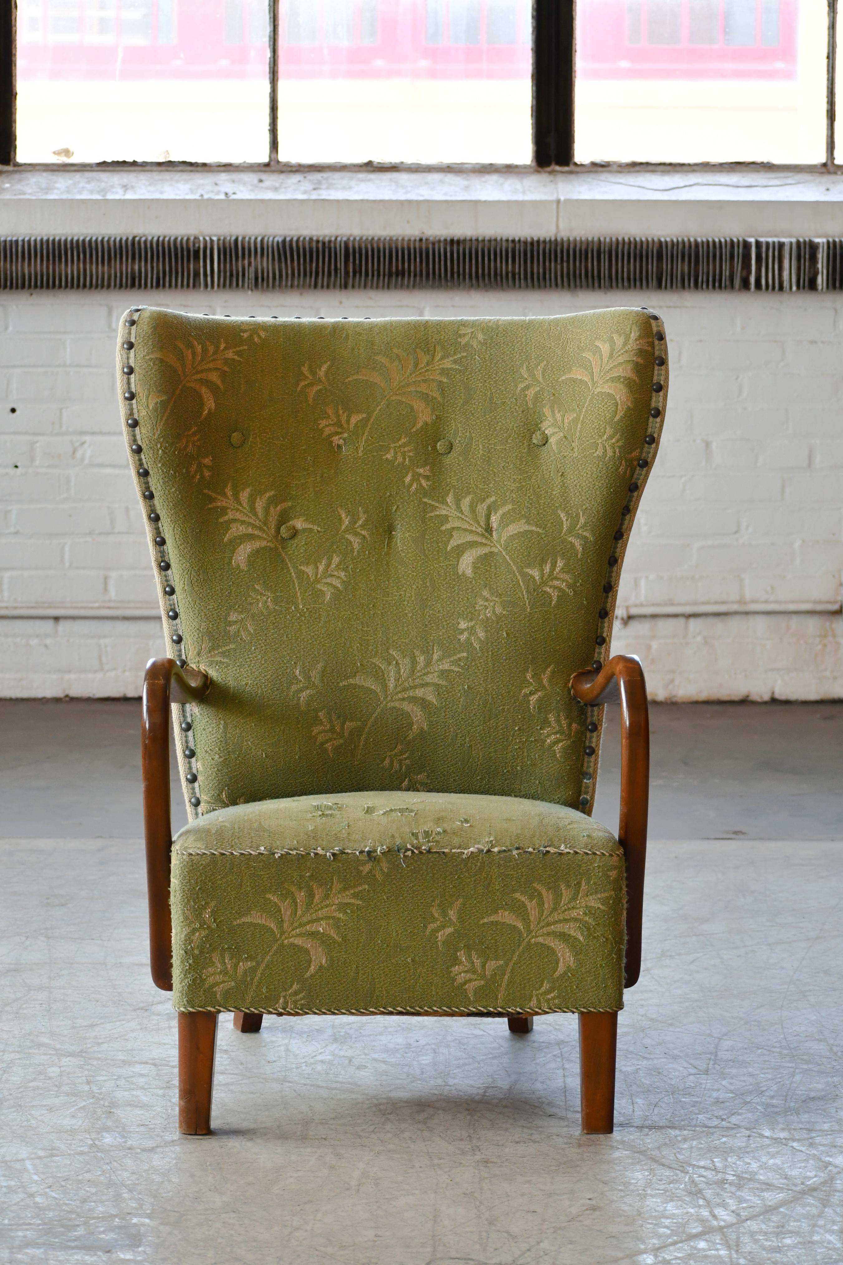 Mid-Century Modern Danish 1940s Midcentury Fritz Hansen Style High Back Lounge Chair Open Armrests