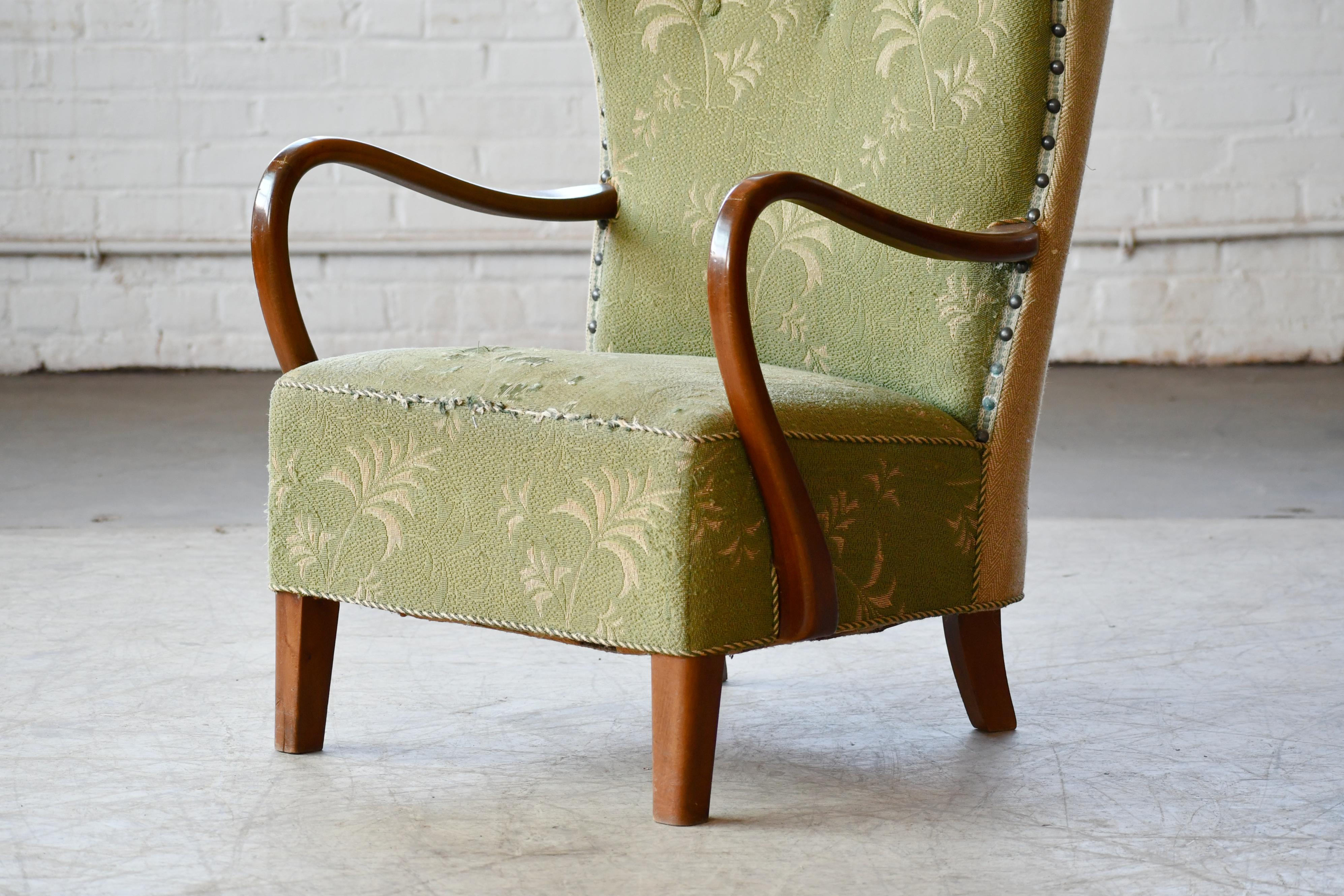 Mid-20th Century Danish 1940s Midcentury Fritz Hansen Style High Back Lounge Chair Open Armrests