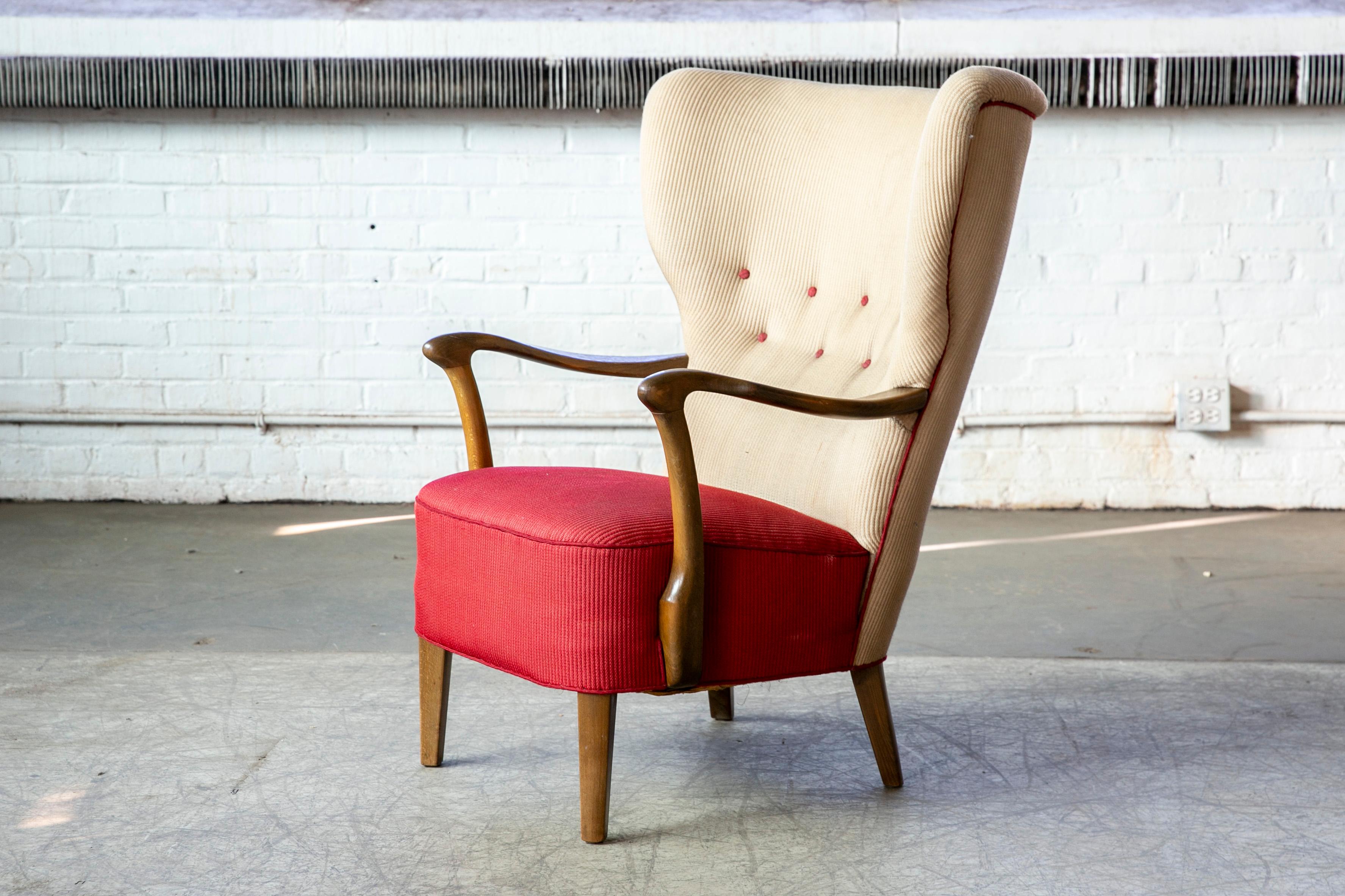 Beech Danish 1940s Midcentury Fritz Hansen Style High Back Lounge Chair Open Armrests