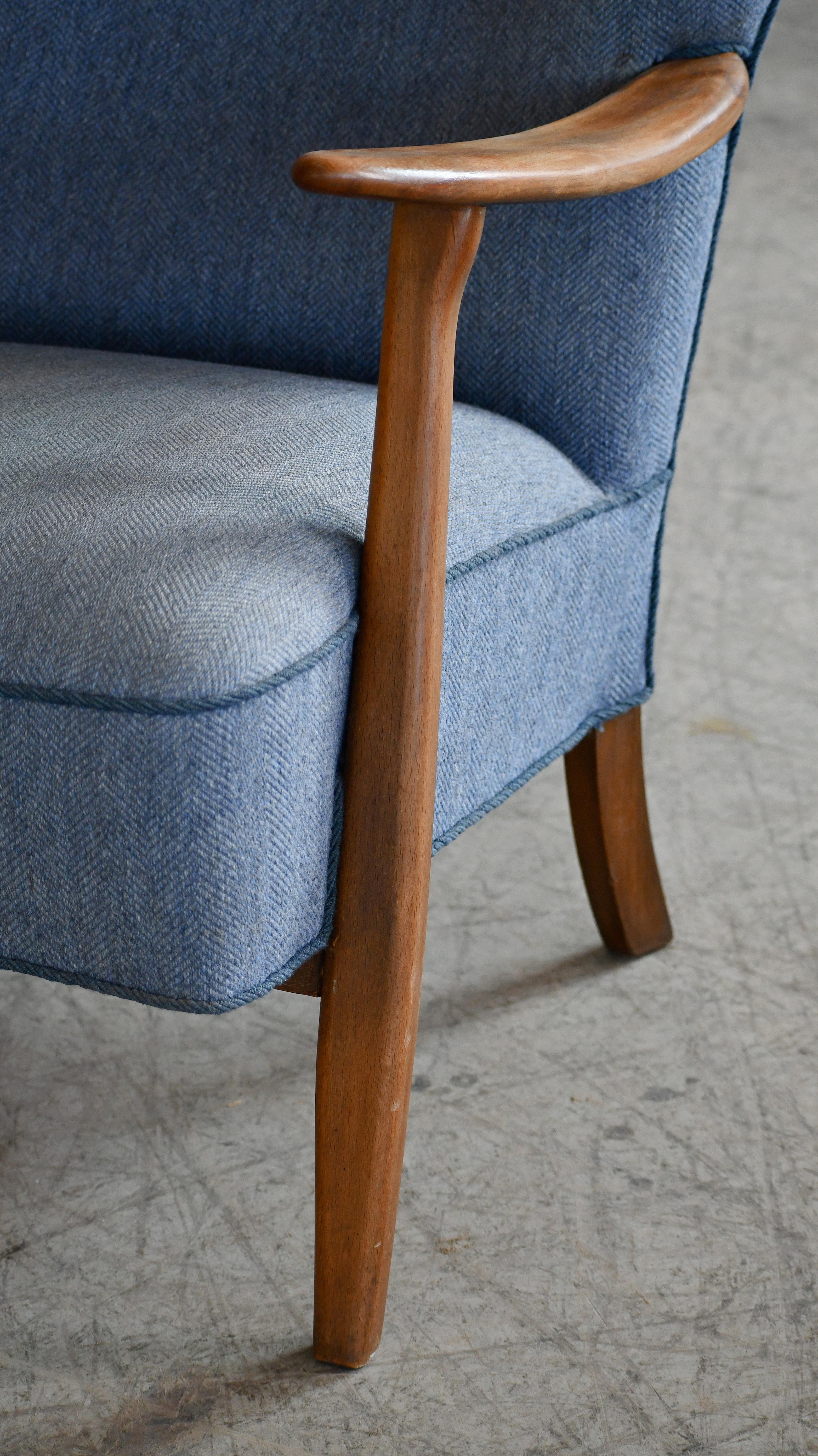 Wool Danish 1940s Midcentury Fritz Hansen Style High Back Lounge Chair Open Armrests For Sale