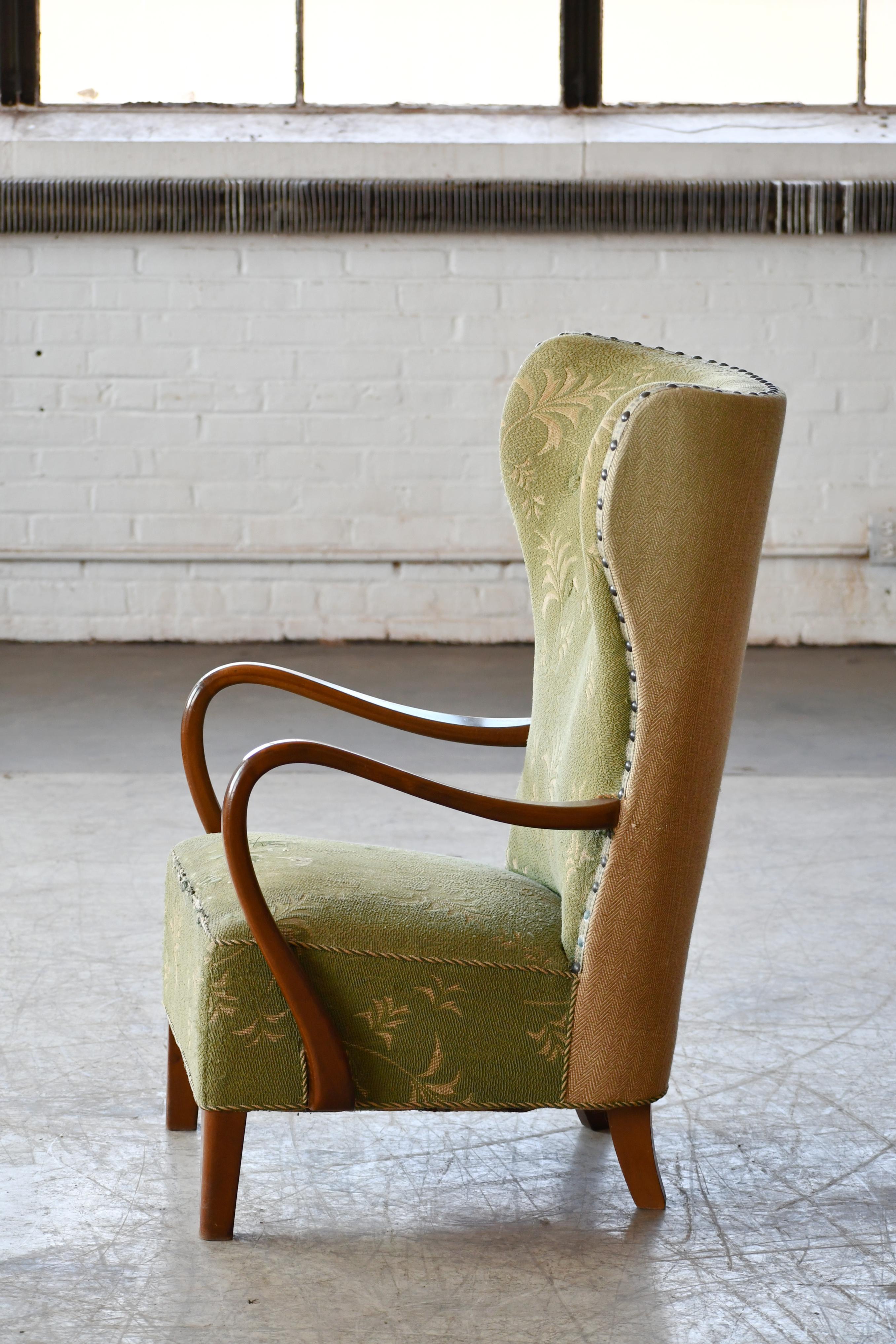 Danish 1940s Midcentury Fritz Hansen Style High Back Lounge Chair Open Armrests 1