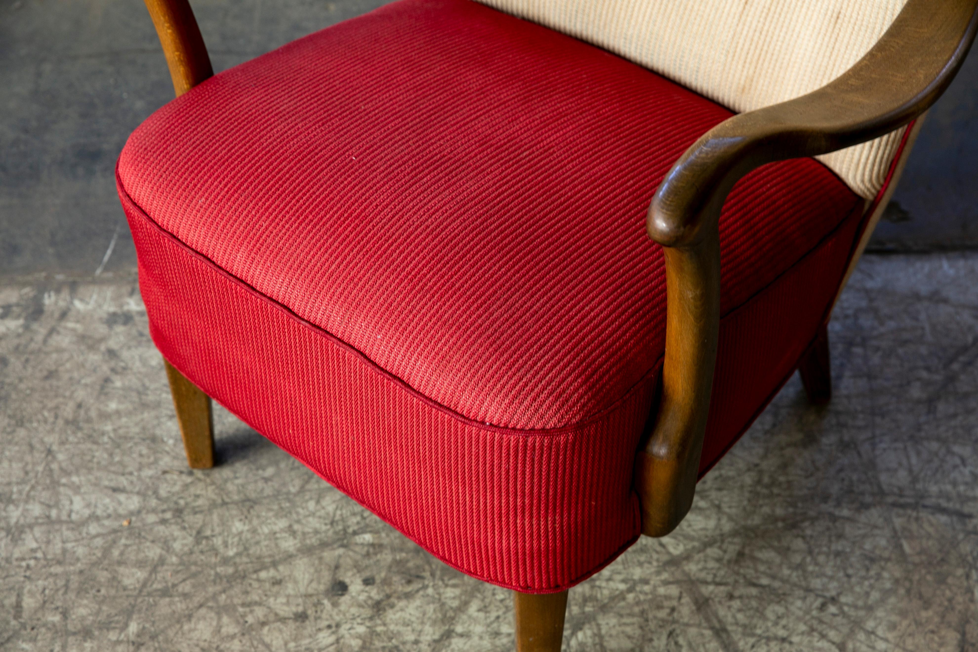 Danish 1940s Midcentury Fritz Hansen Style High Back Lounge Chair Open Armrests 2