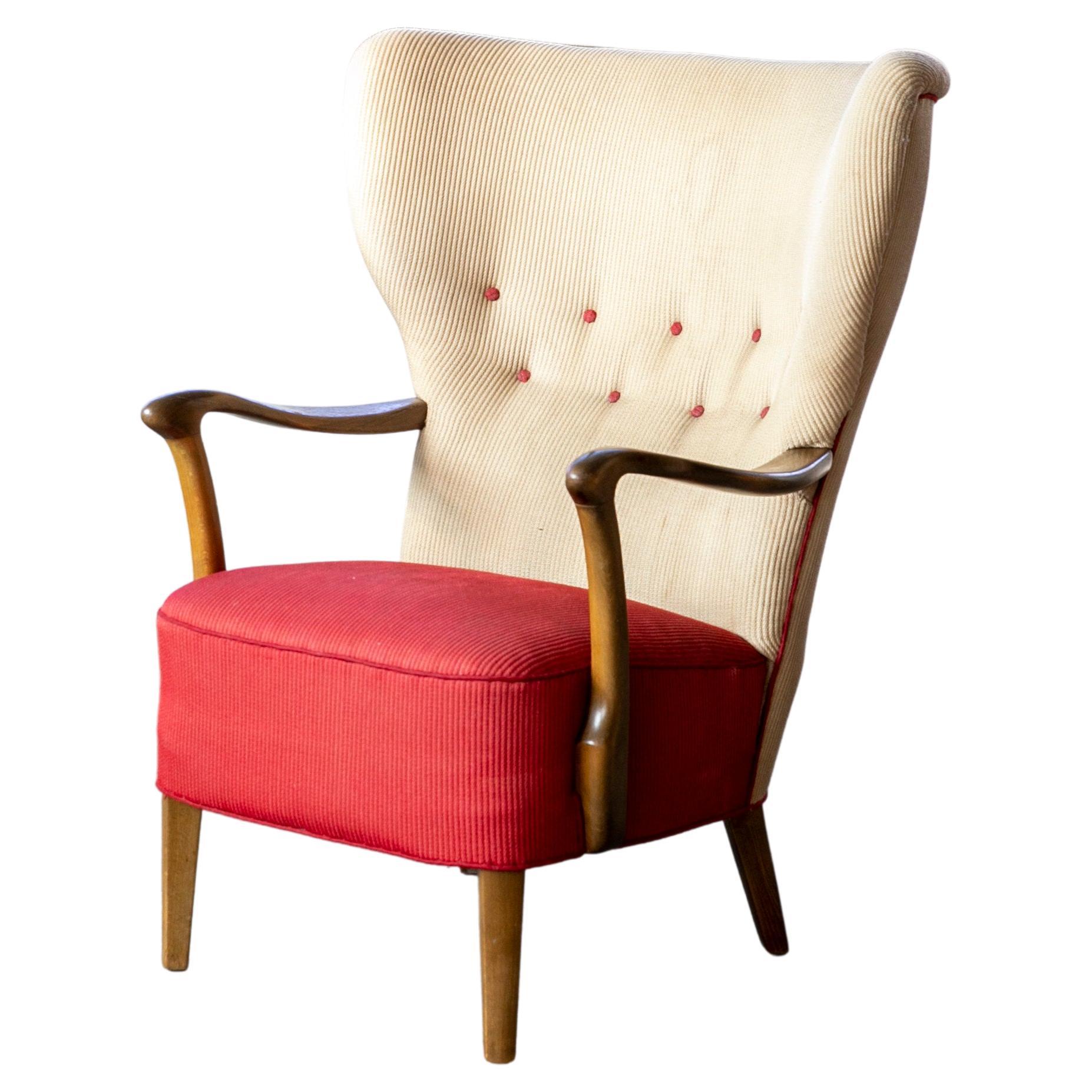 Danish 1940s Midcentury Fritz Hansen Style High Back Lounge Chair Open Armrests