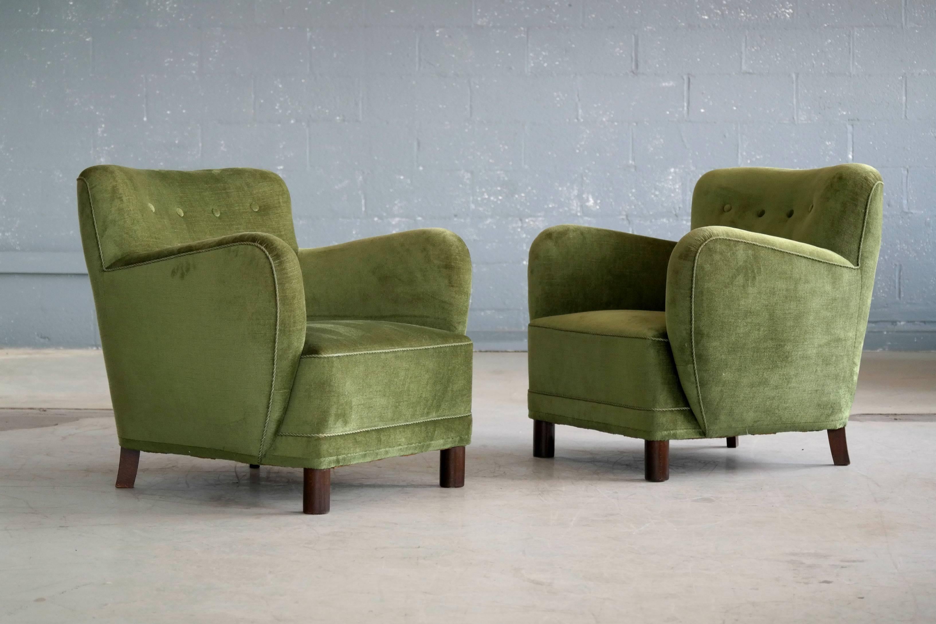 Mid-Century Modern Danish 1940s Mogens Lassen Attributed Pair of Low Lounge Chairs in Mohair Velvet