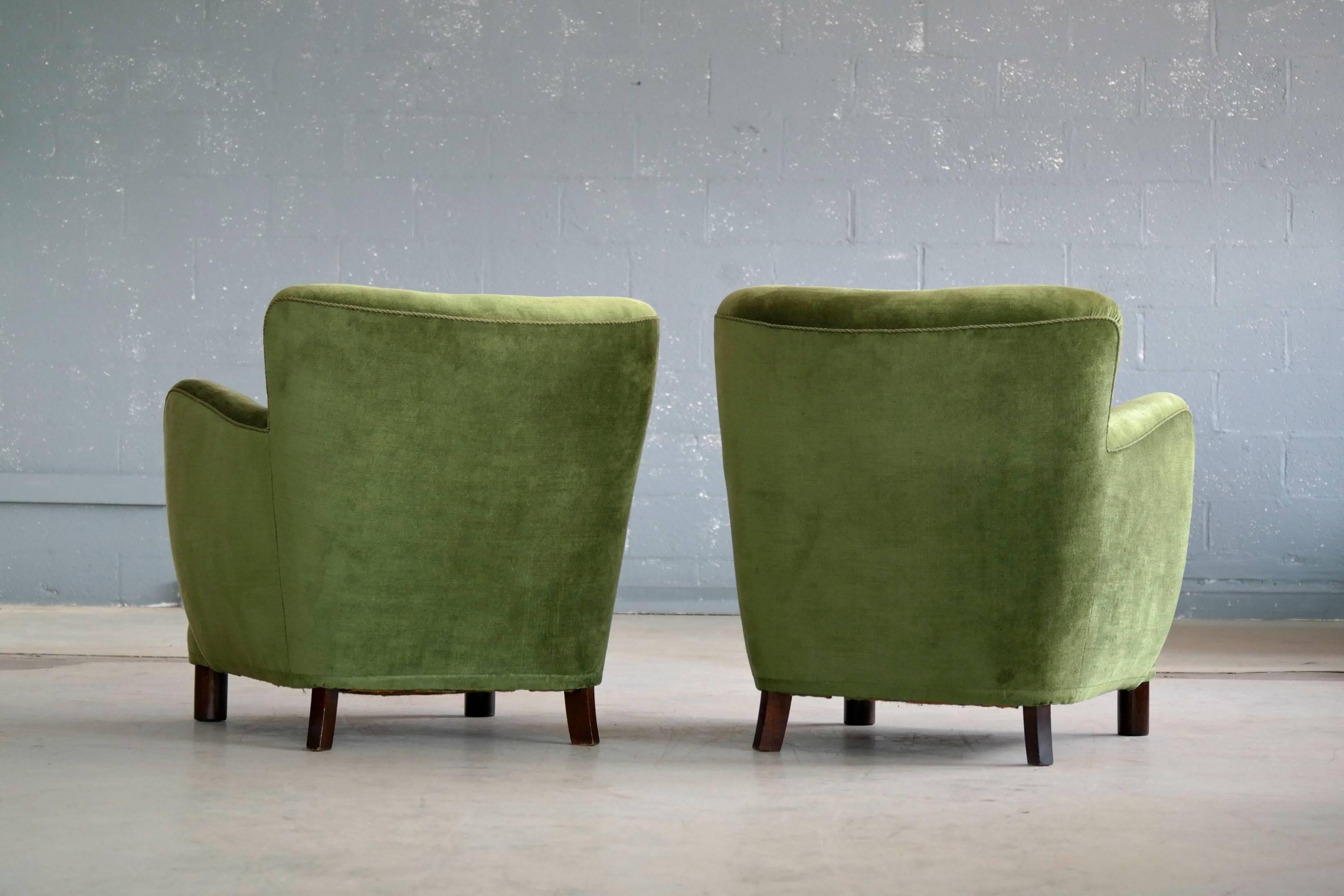 Danish 1940s Mogens Lassen Attributed Pair of Low Lounge Chairs in Mohair Velvet 2