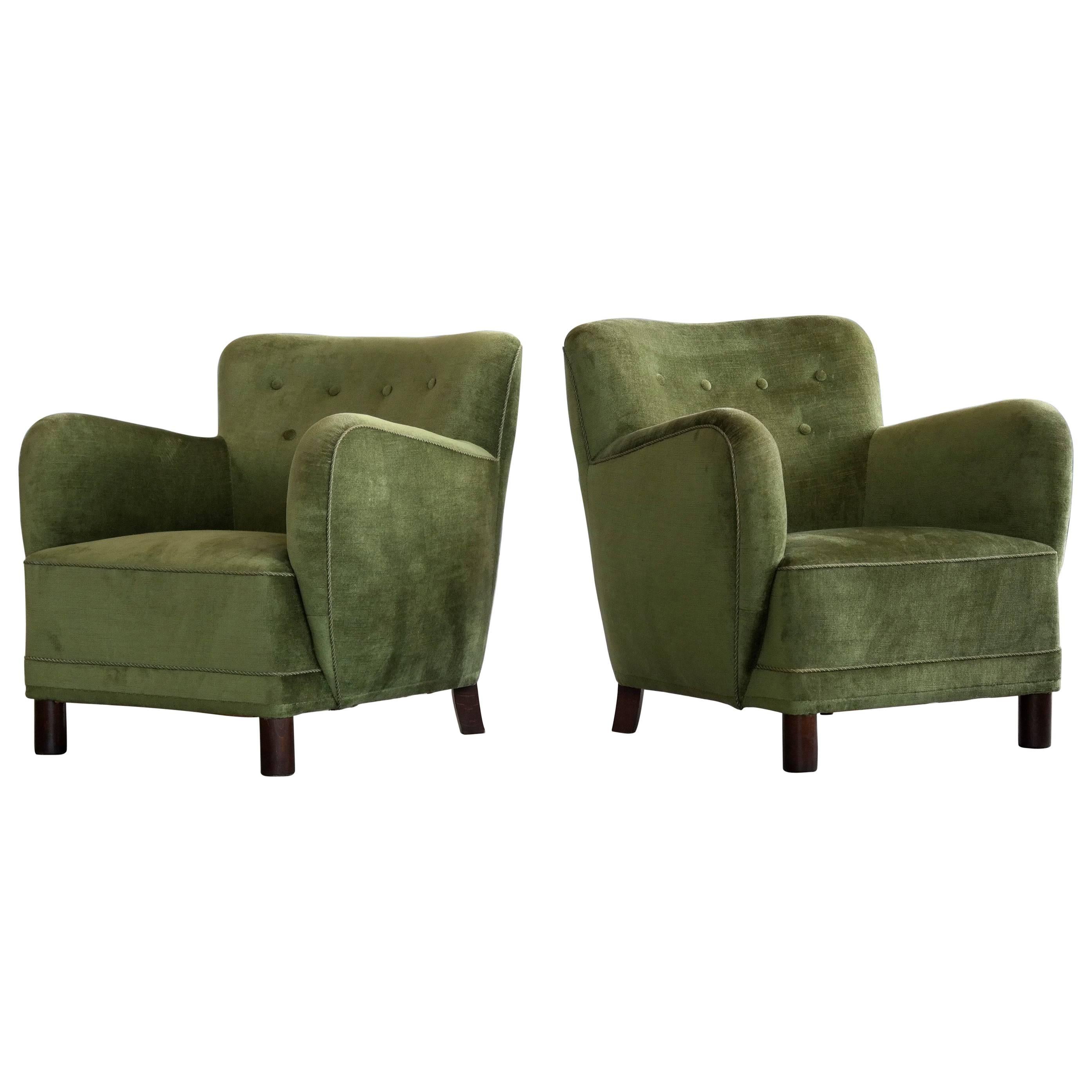 Danish 1940s Mogens Lassen Attributed Pair of Low Lounge Chairs in Mohair Velvet