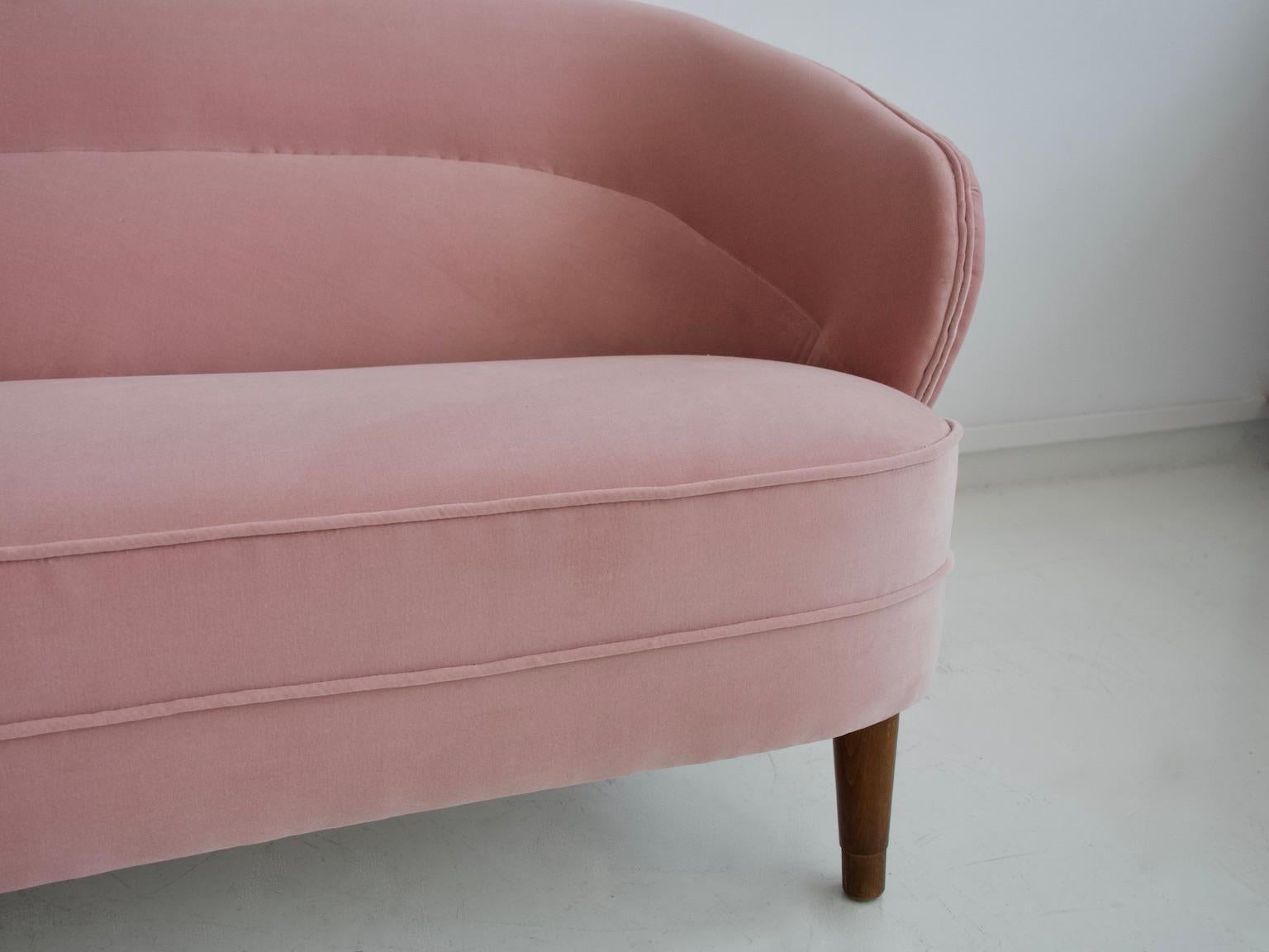 Stained Danish 1940s Pink Velvet Upholstered Sofa