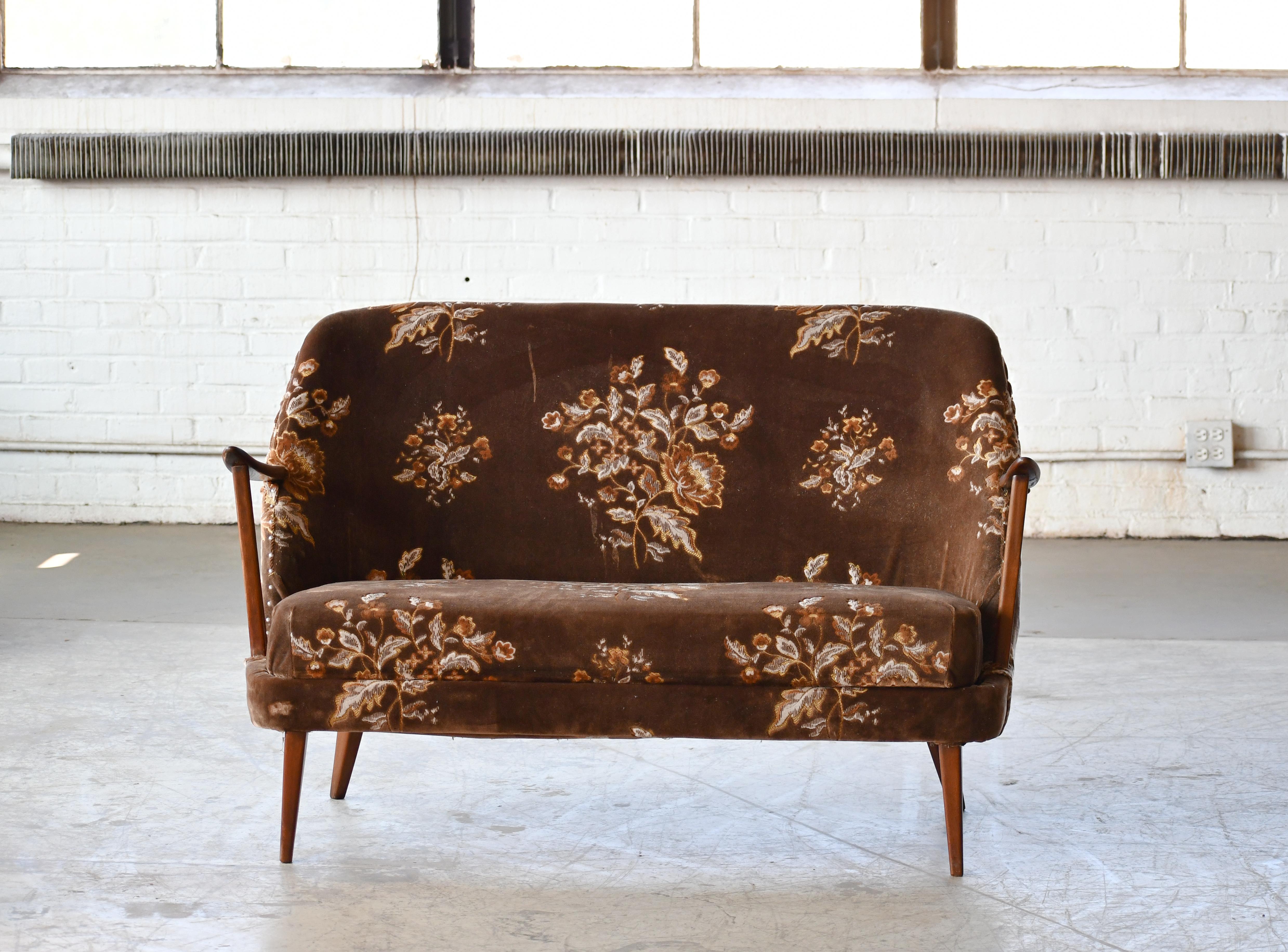 Mid-Century Modern Danish 1940's Settee with Mahogany Armrests and Legs