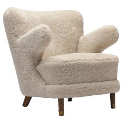 Danish 1940s Sheepskin Lady Bear Chair with Brass Toes