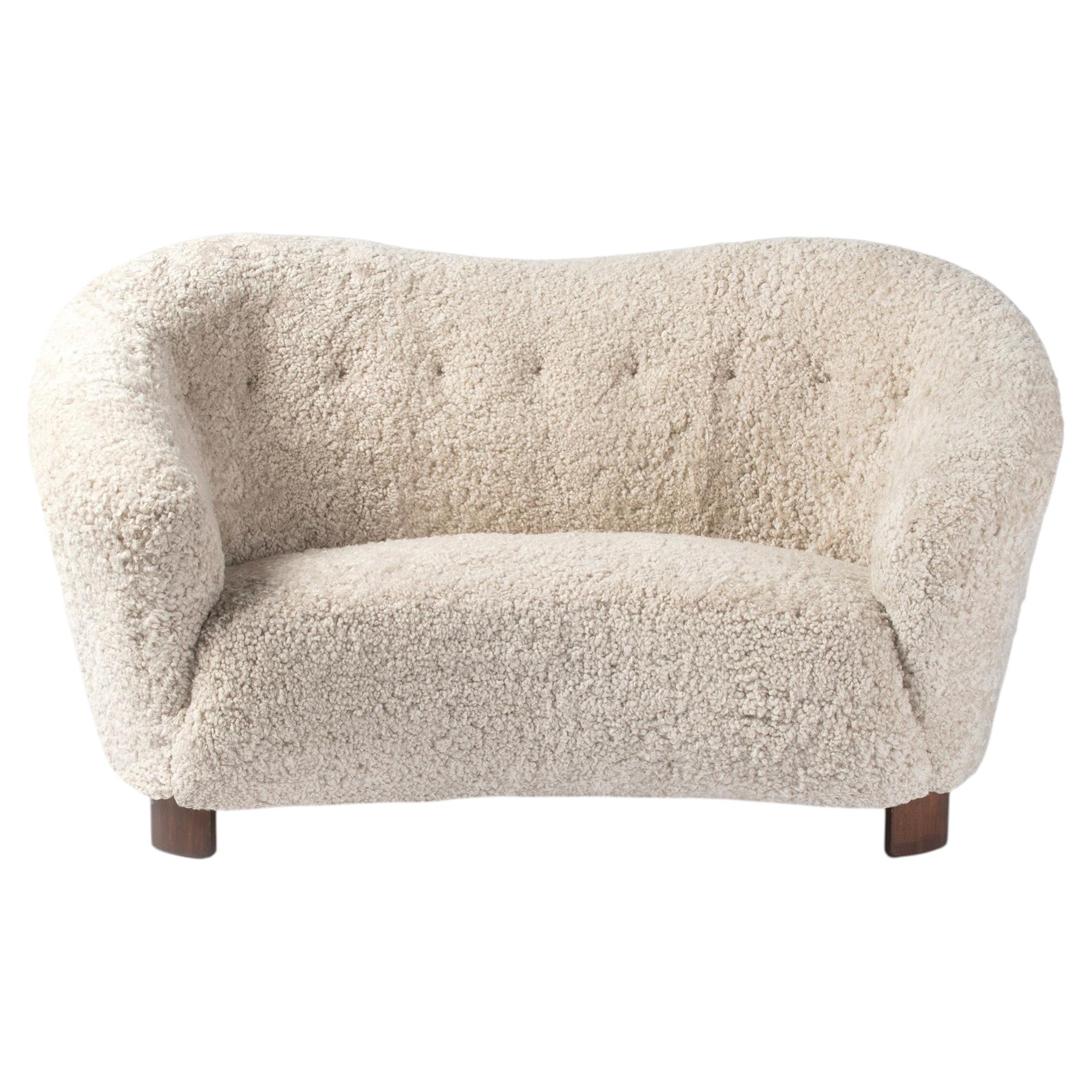 Danish 1940s Sheepskin Love Seat Sofa