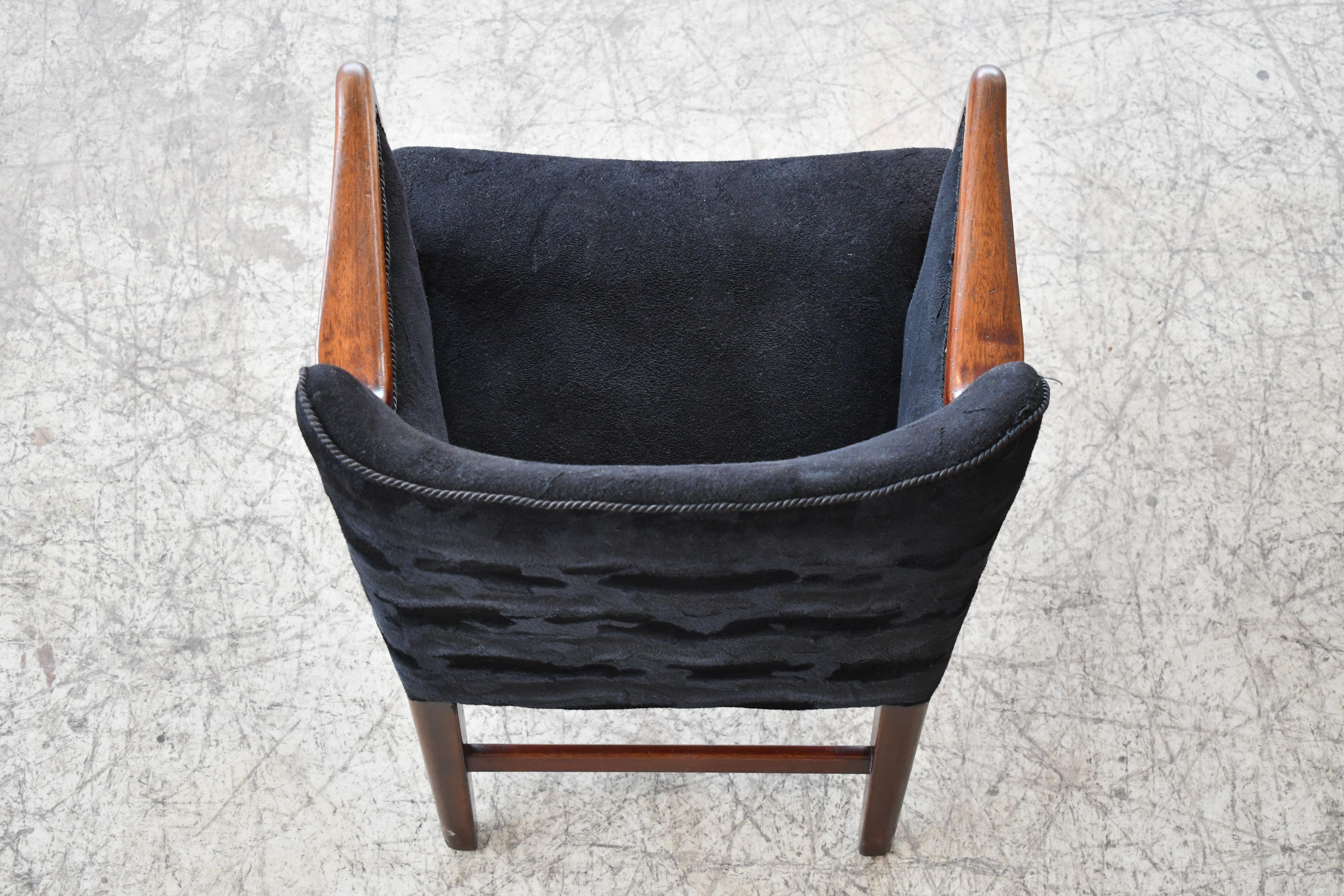 Mid-20th Century Danish 1940s Small Lounge Chair with Oak Accents on Armrests  For Sale