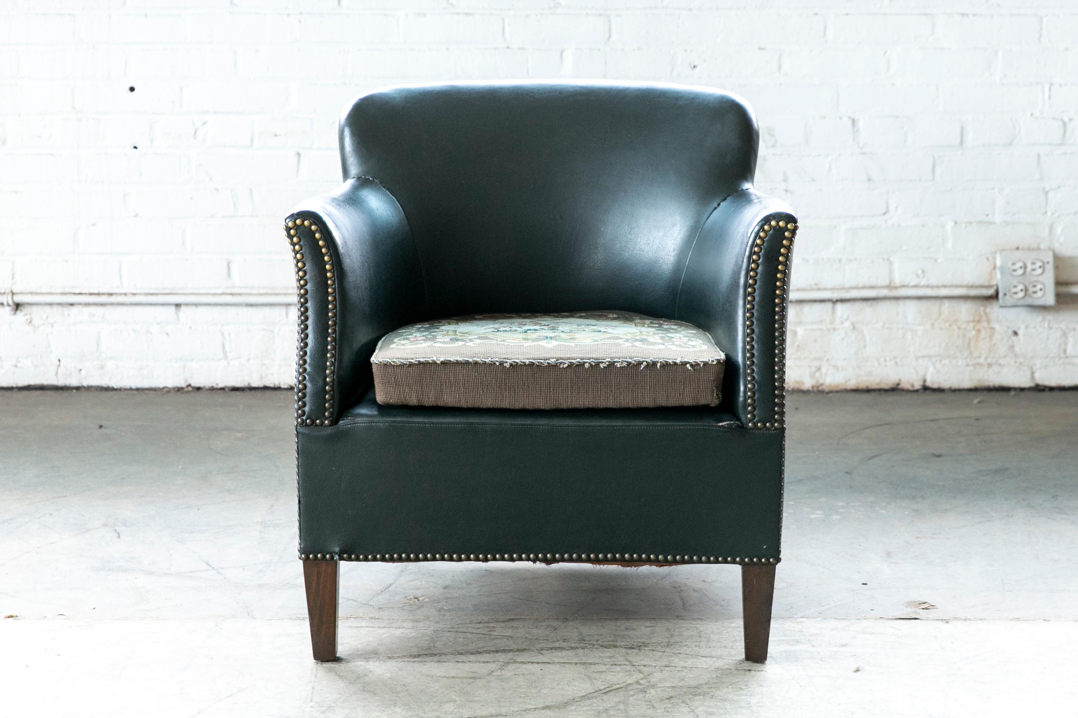 Mid-20th Century Danish 1940s Small-Scale Club Chair in Dark Green Leather