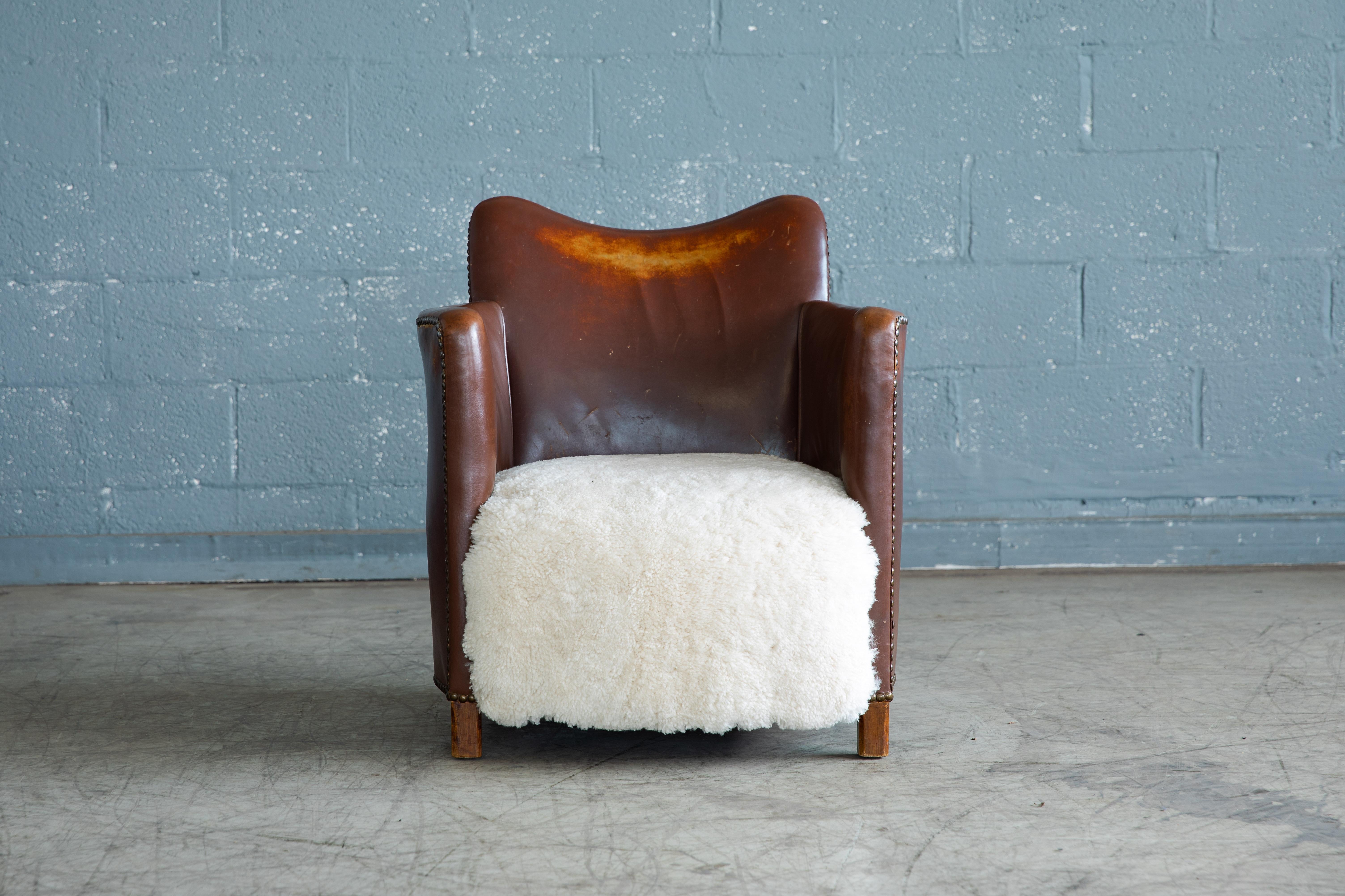 Mid-Century Modern Danish 1940s Small-Scale Club or Library Chair in Cognac Leather and Shearling