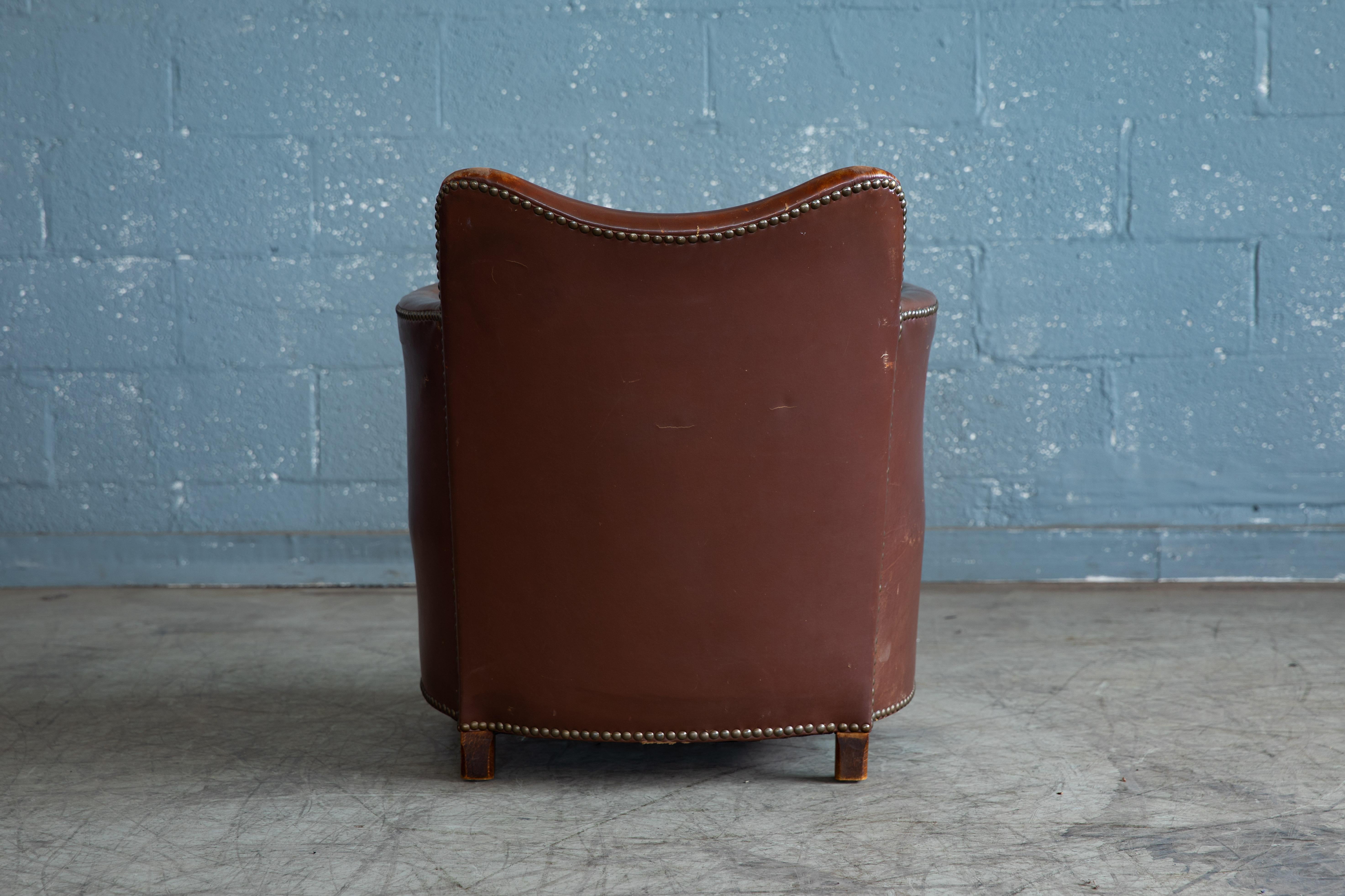 Mid-20th Century Danish 1940s Small-Scale Club or Library Chair in Cognac Leather and Shearling