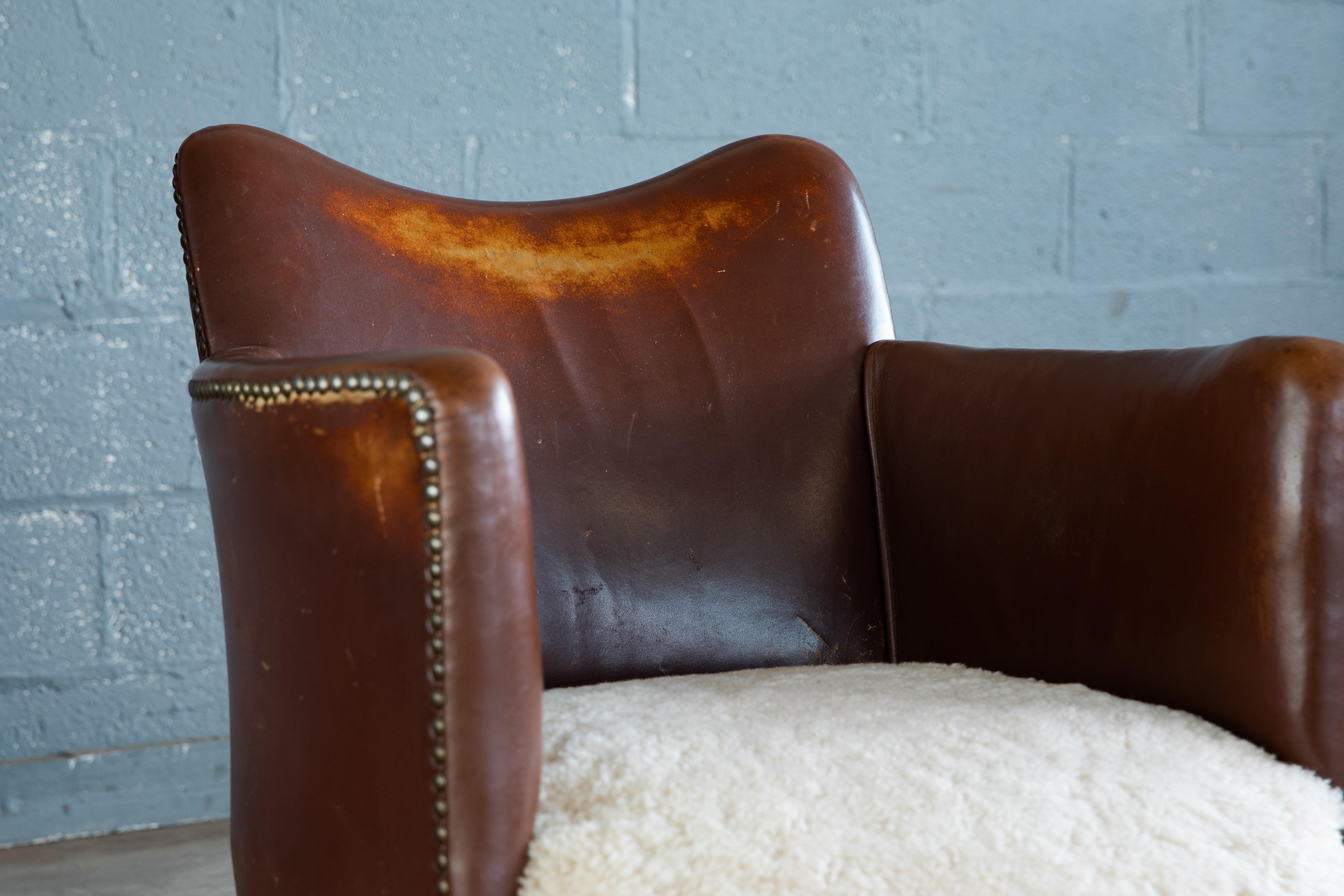 Danish 1940s Small-Scale Club or Library Chair in Cognac Leather and Shearling 3