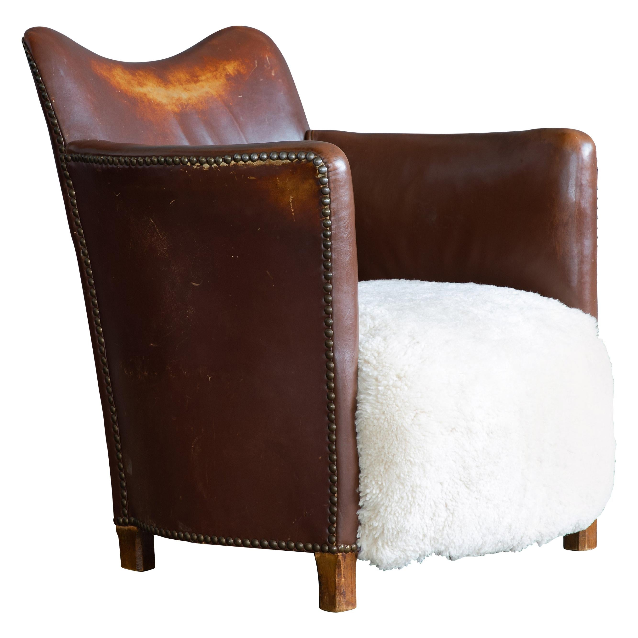 Danish 1940s Small-Scale Club or Library Chair in Cognac Leather and Shearling