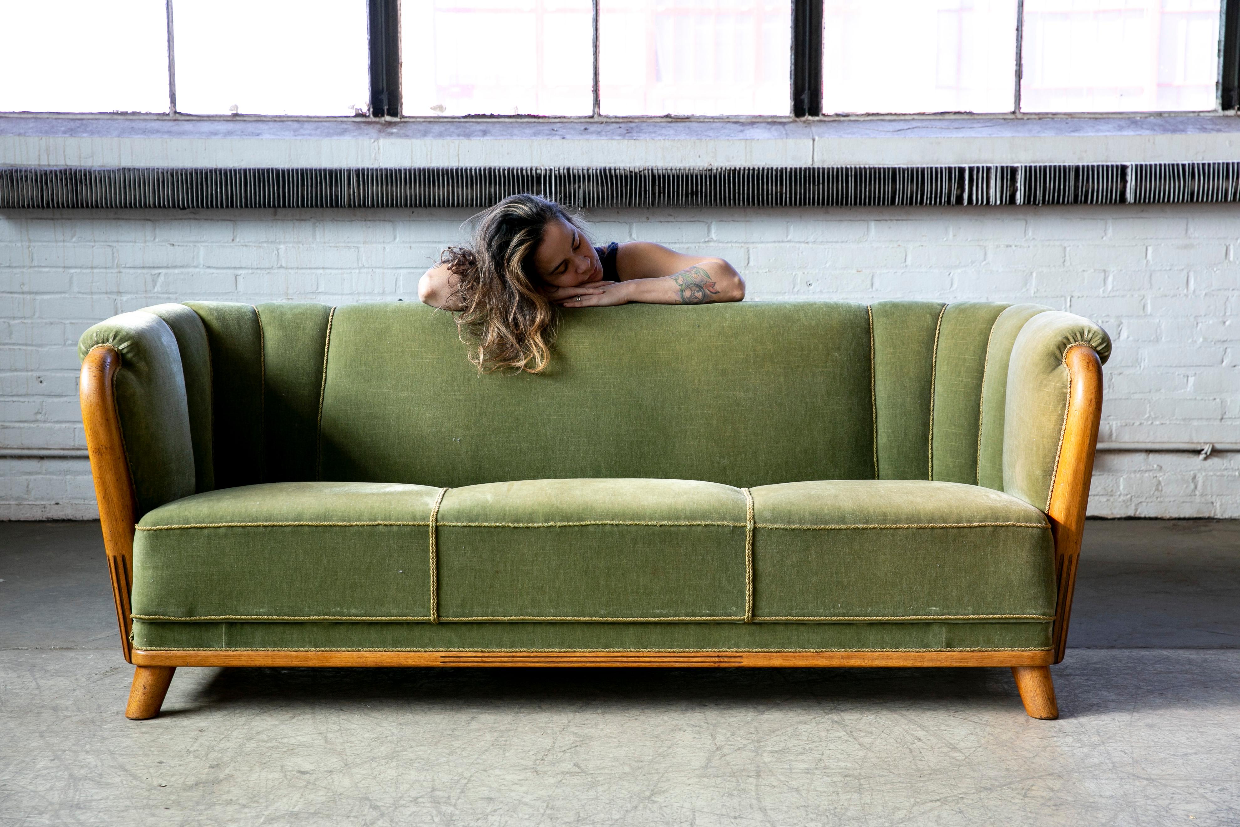 Danish 1940s Sofa in Mohair Fabric and Carved Wood Details 5