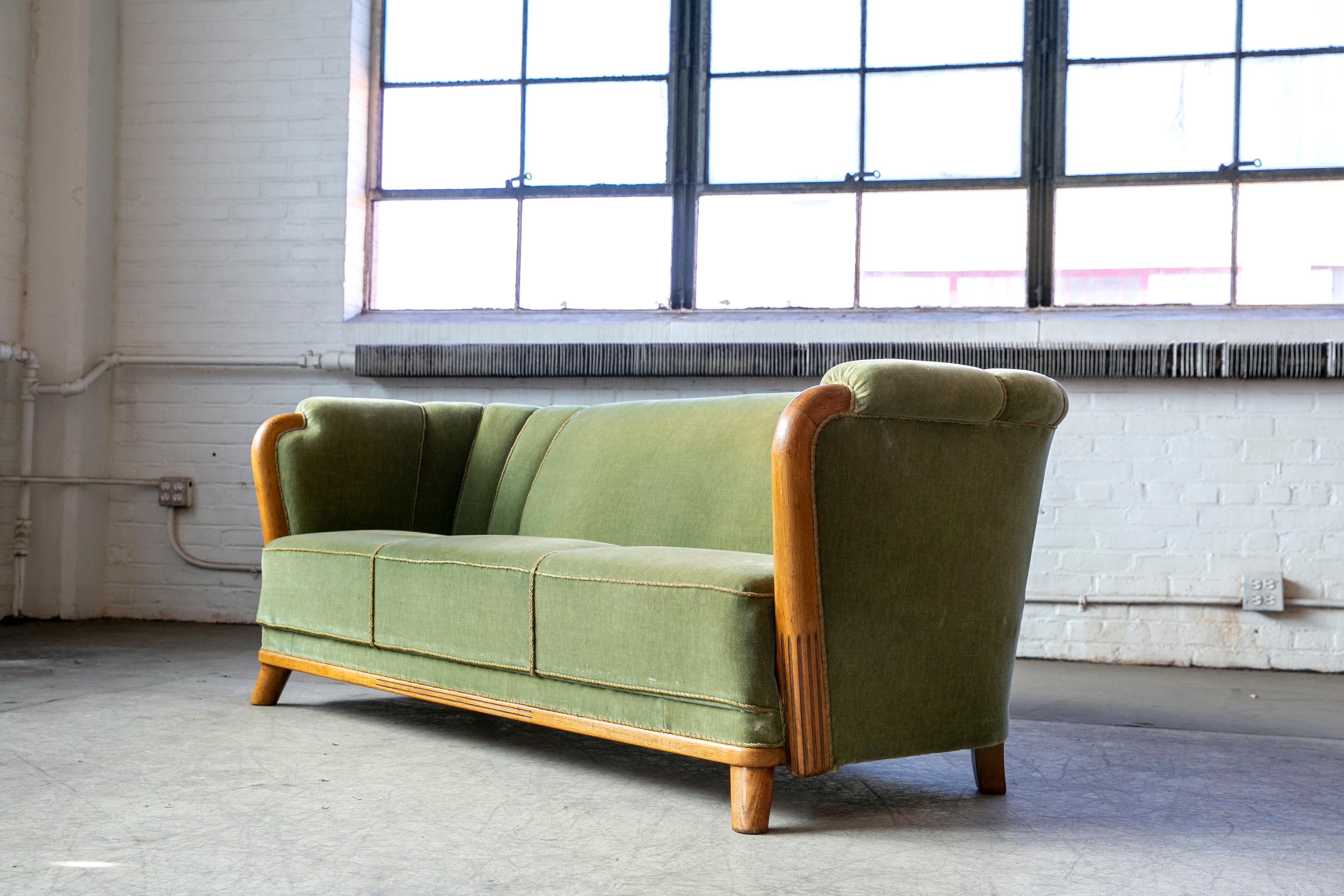 Scandinavian Modern Danish 1940s Sofa in Mohair Fabric and Carved Wood Details