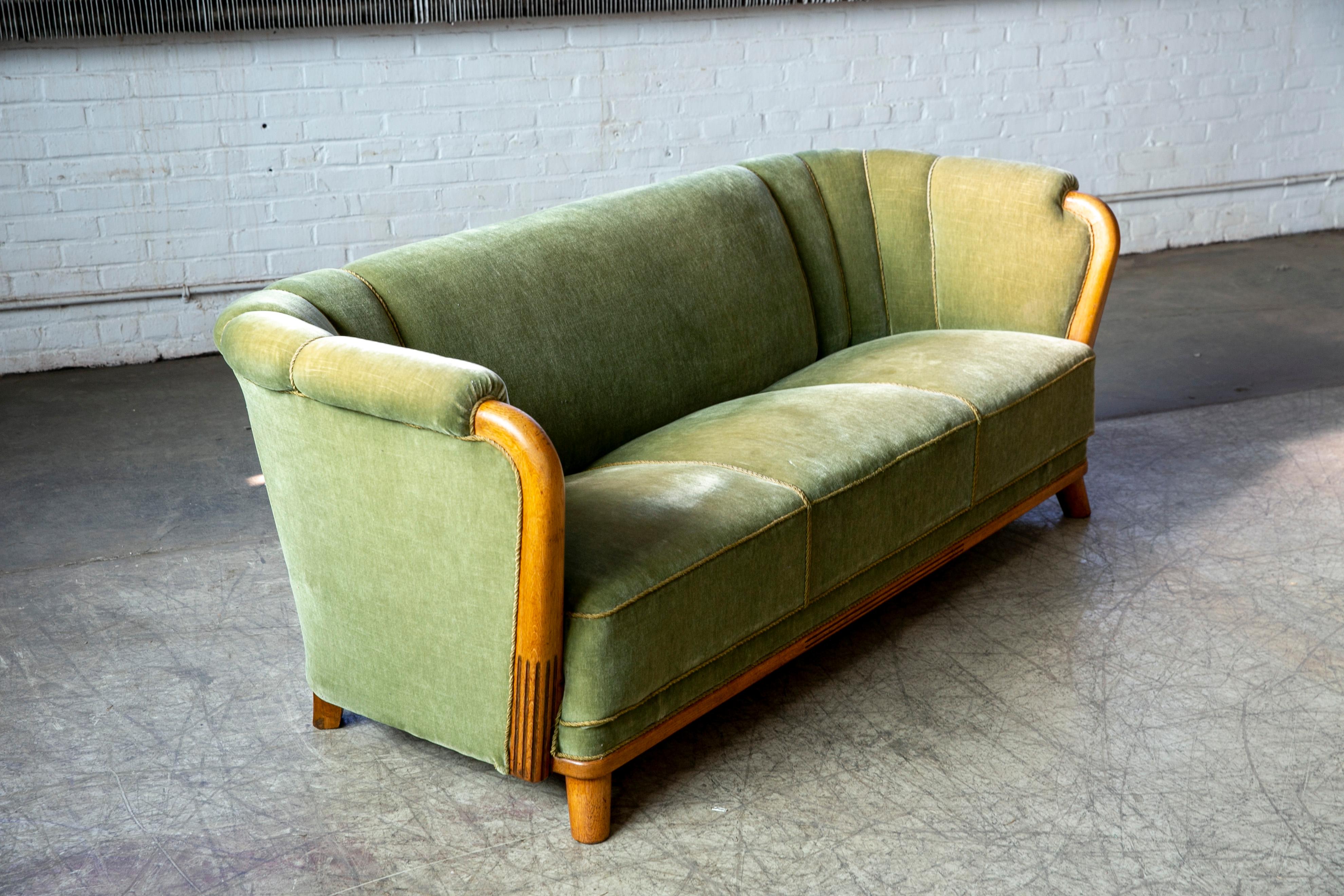 Mid-20th Century Danish 1940s Sofa in Mohair Fabric and Carved Wood Details