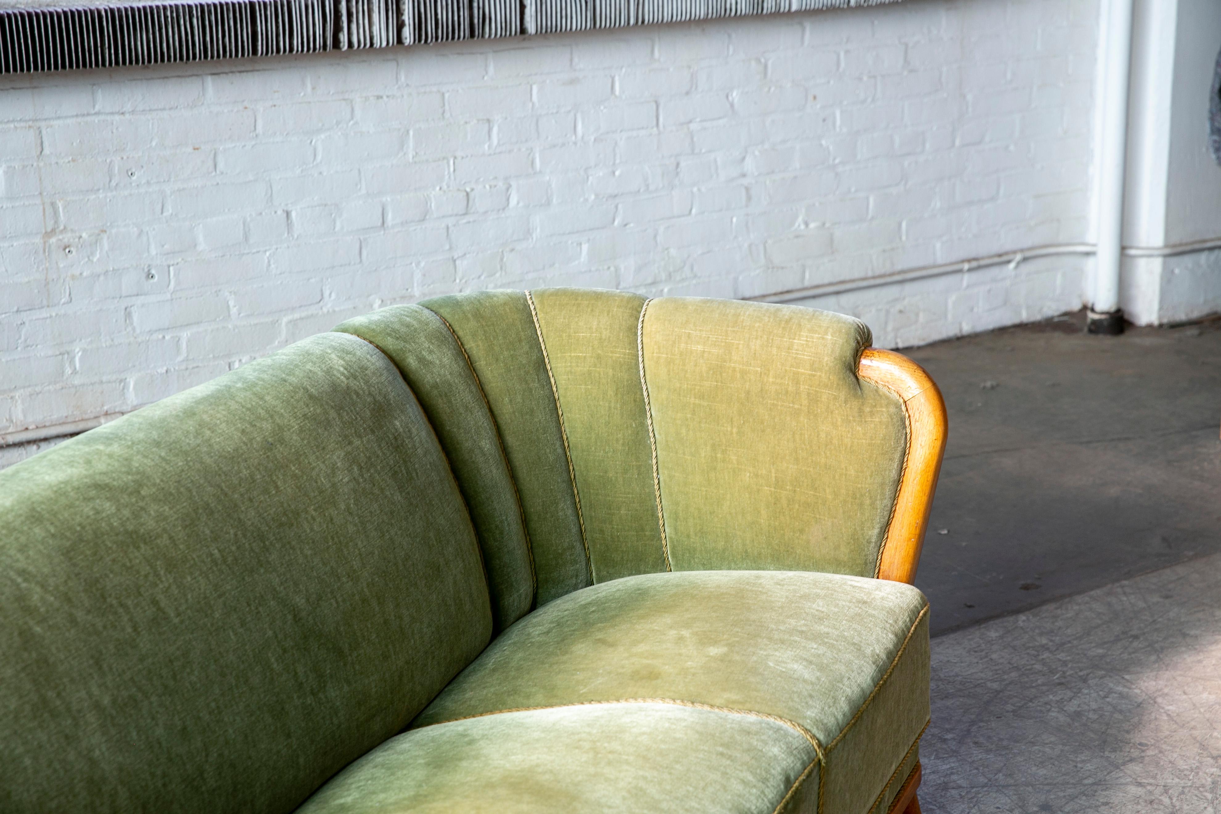 Danish 1940s Sofa in Mohair Fabric and Carved Wood Details 1